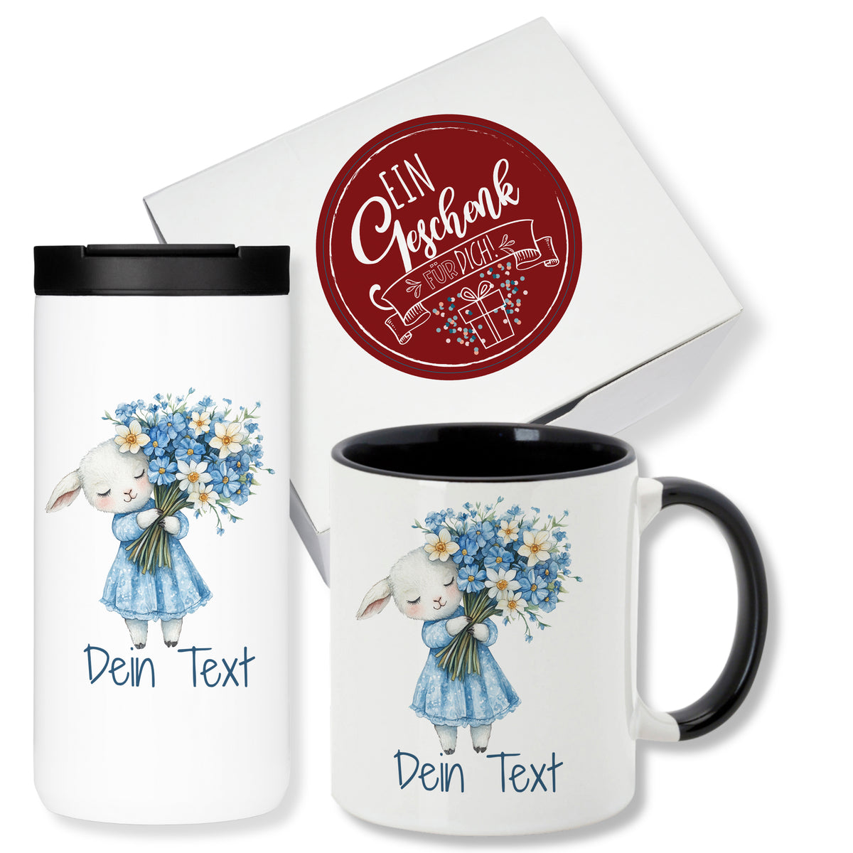 Tasse und Thermobecher mit niedlichem Hasenmotiv und Blumen.