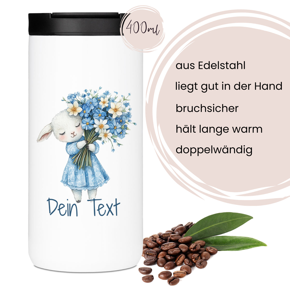 Edelstahl-Thermobecher mit Schaf-Motiv, 400 ml, blau.