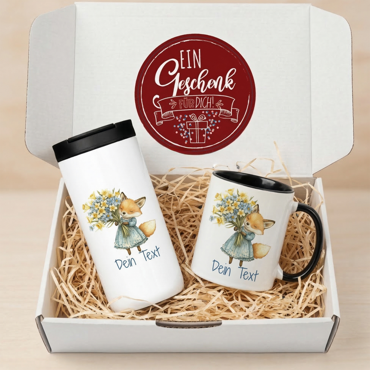 Tasse und Thermobecher mit Fuchs-Motiv, personalisierbar.