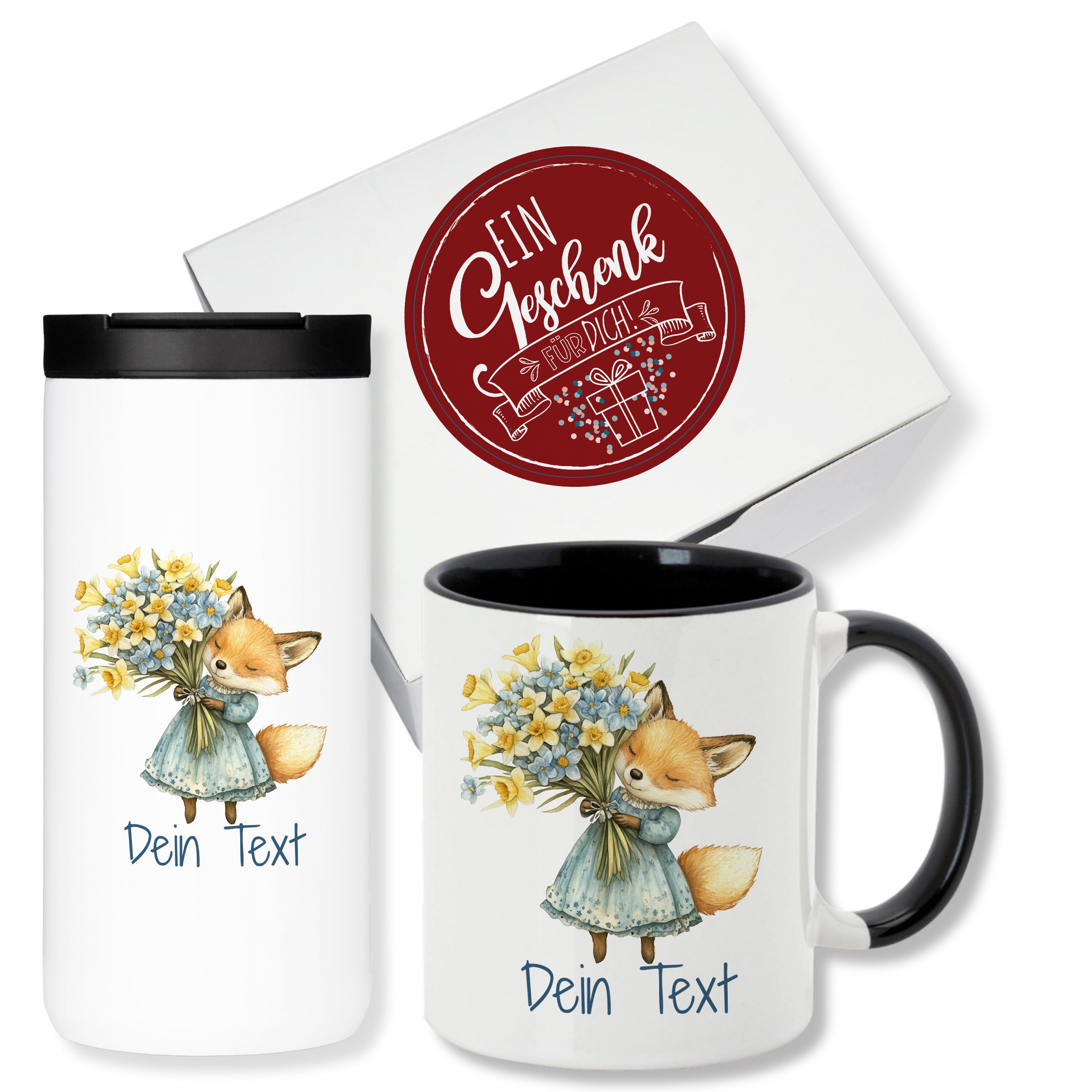 Tasse und Thermobecher mit Fuchsdesign und personalisierbarem Text.