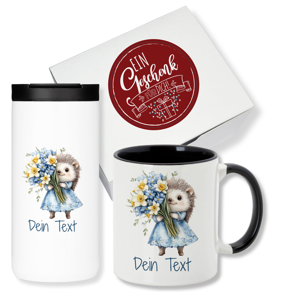 Tasse und Thermobecher mit Igel-Motiv und Blumen.