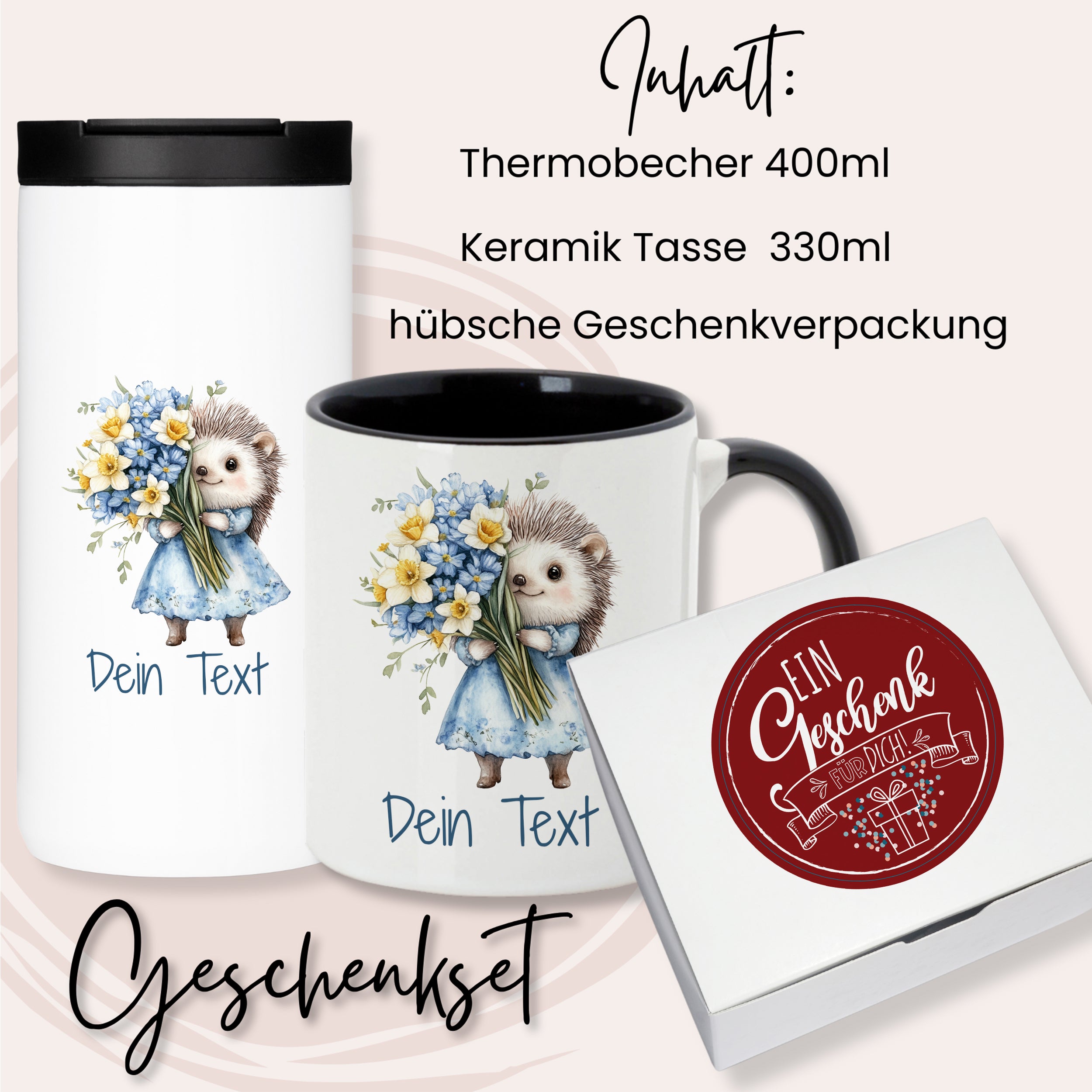 Thermobecher und Keramiktasse im Geschenkeset.