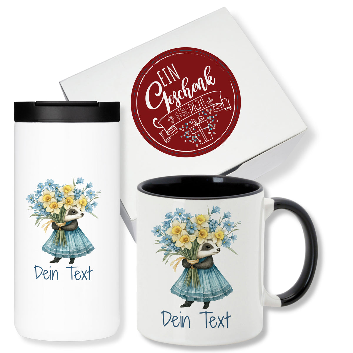 Tasse und Thermobecher mit Blumenmotiv und personalisierbarem Text.
