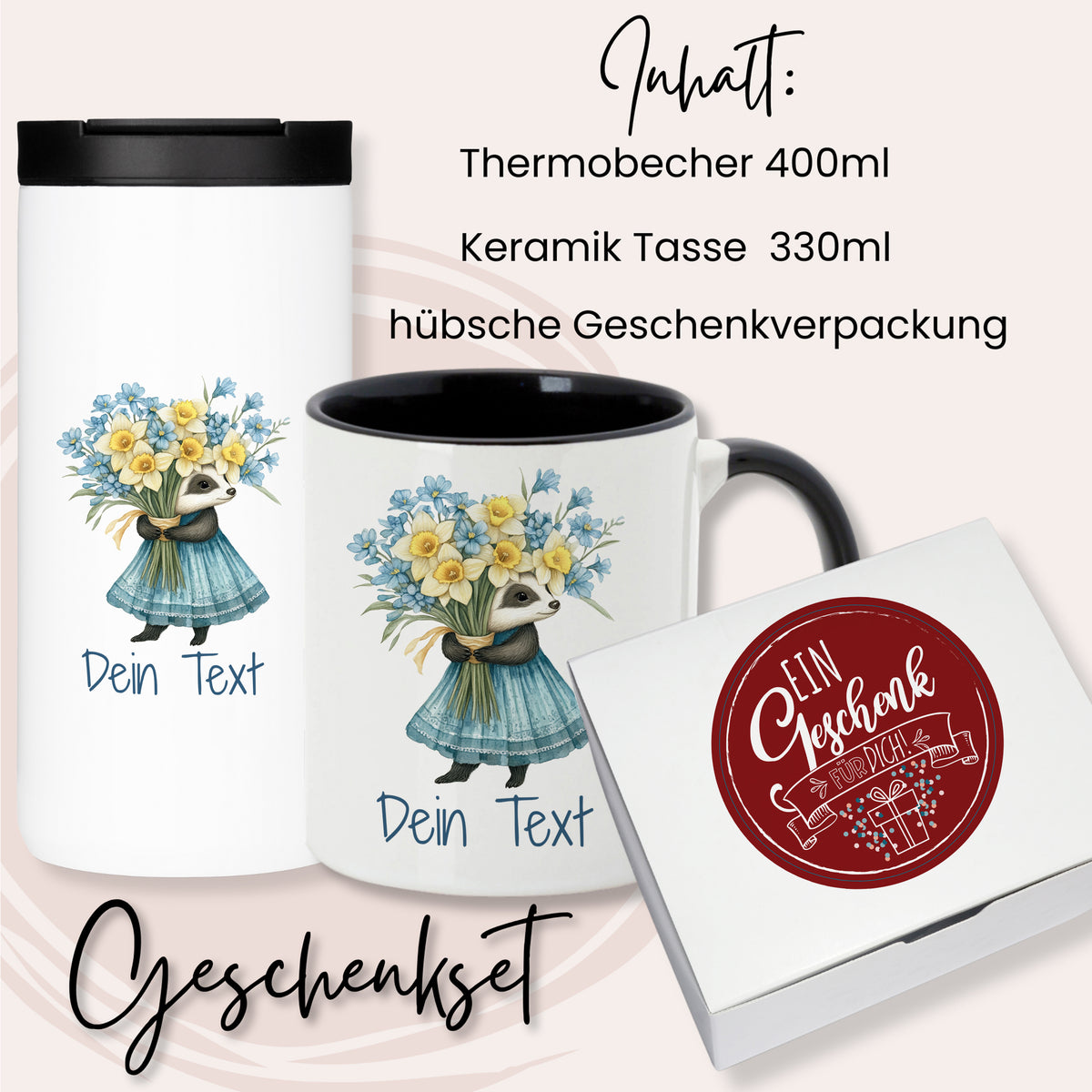 Geschenkset mit Thermobecher und Keramiktasse, blau-weiß.