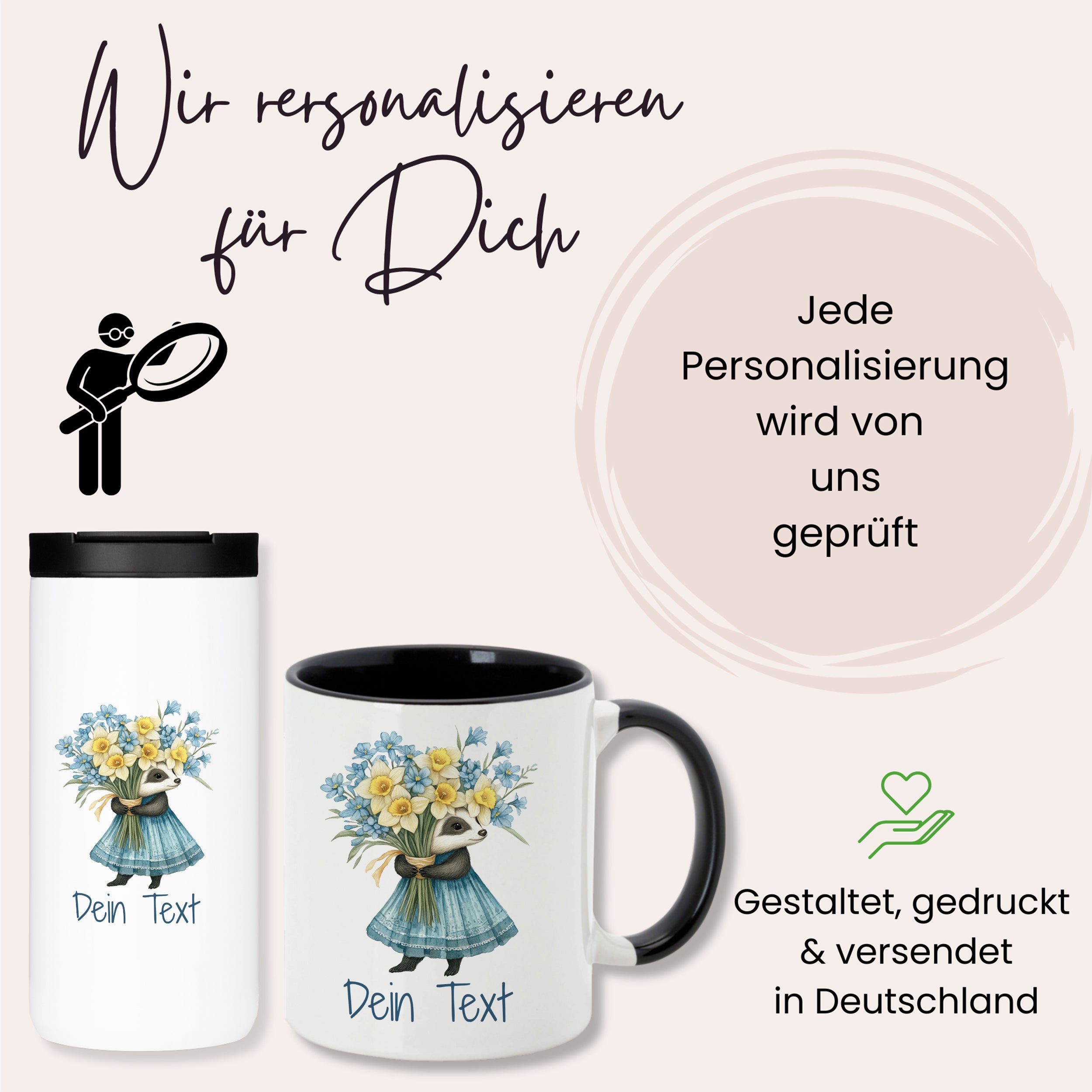 Personalisierbare Tasse und Thermobecher mit Blumenmotiv.