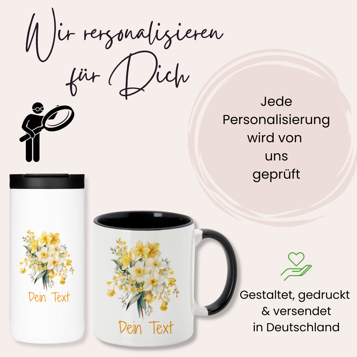 Personalisierte Tasse und Becher mit gelben Blumen.