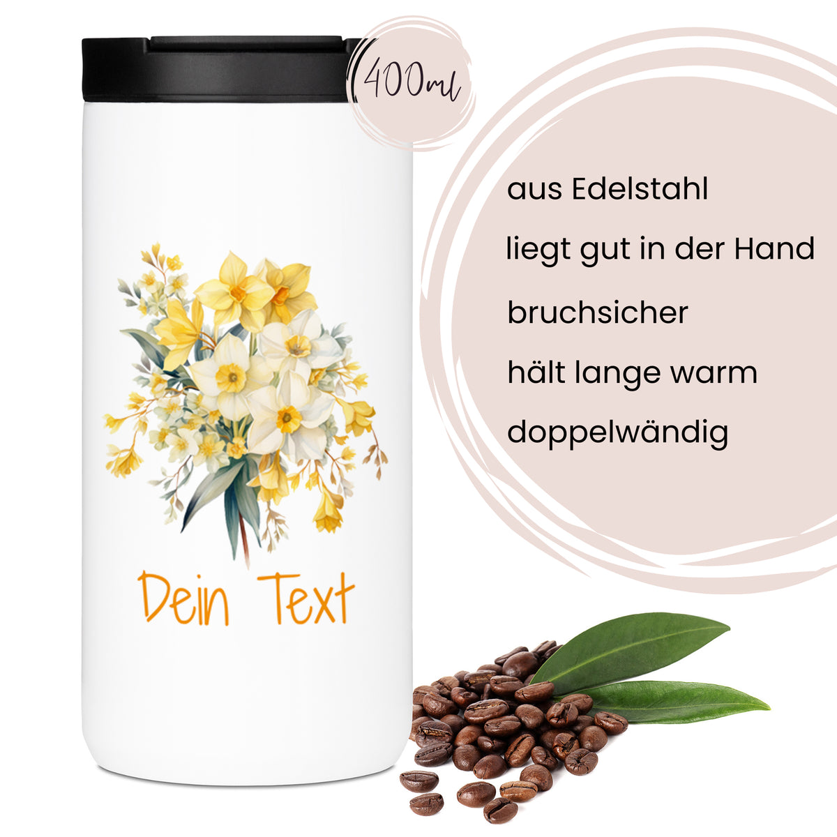 Edelstahlbecher mit gelben Blumen, 400ml, bruchsicher.