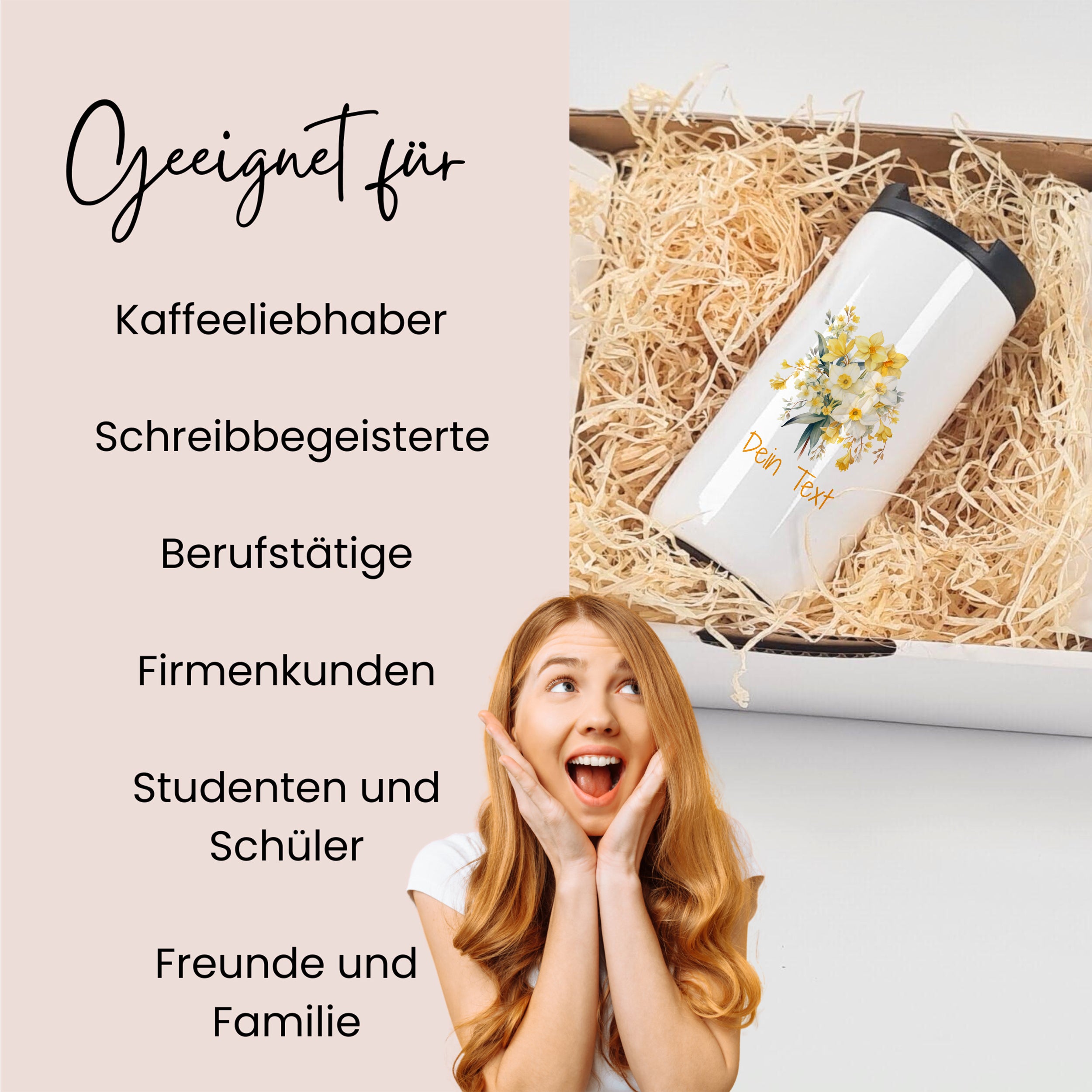 Weißer Kaffeebecher mit gelben Blumenmotiven.