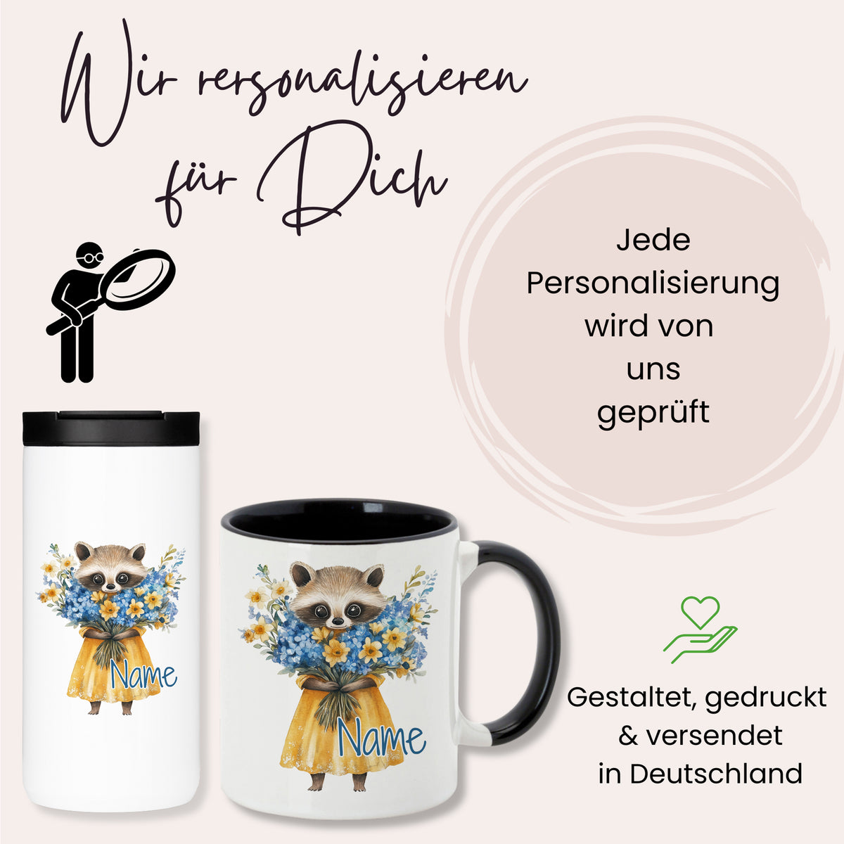 Personalisierte Tassen mit Waschbär und Blumenmotiv.