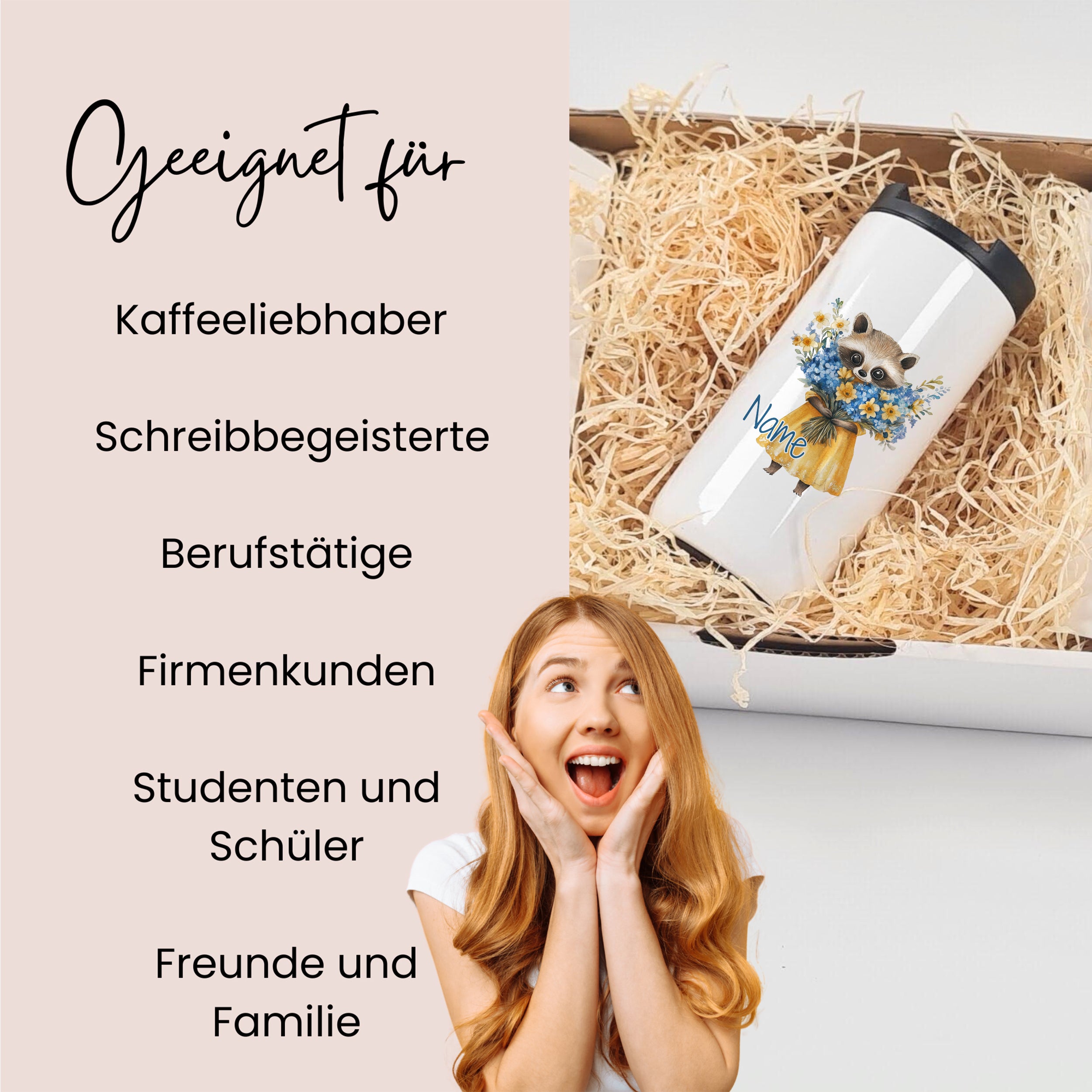 Weißer Kaffeebecher mit Blumenmotiv und personalisiertem Namen.