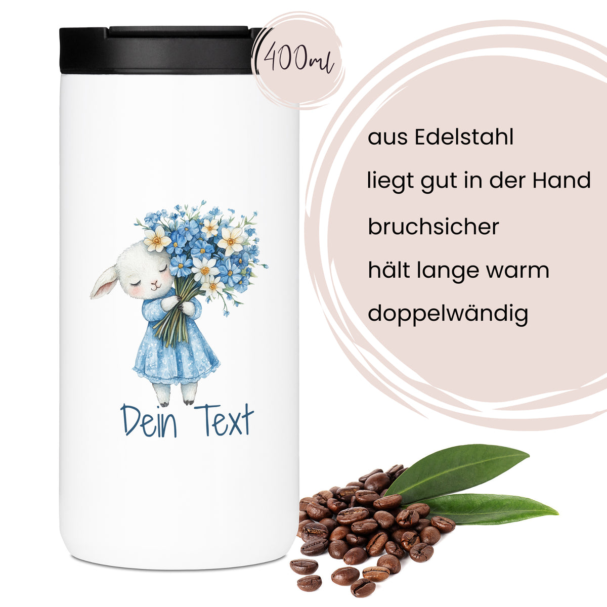 Edelstahl-Thermobecher mit niedlichem Hasenmotiv, 400ml.