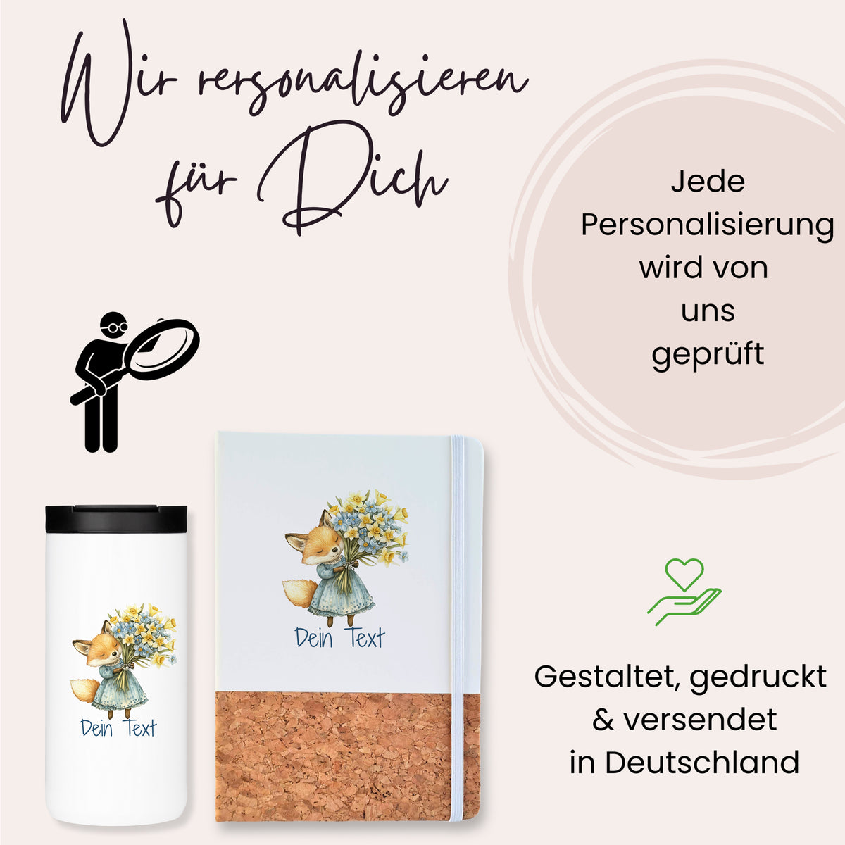 Personalisierbare Tasse und Notizbuch mit Fuchs-Design.