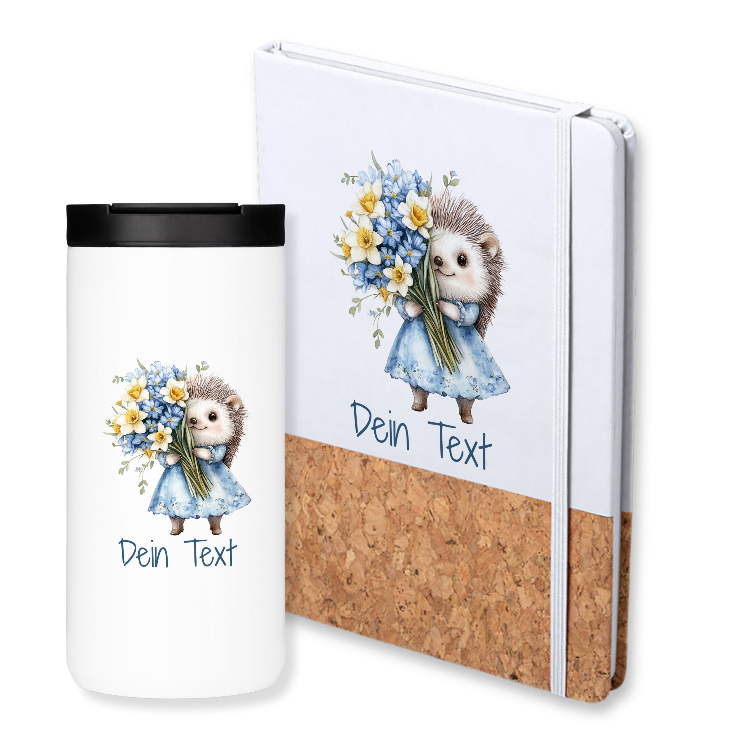 Igel mit Blumen, weiße Trinkflasche und Notizbuch.