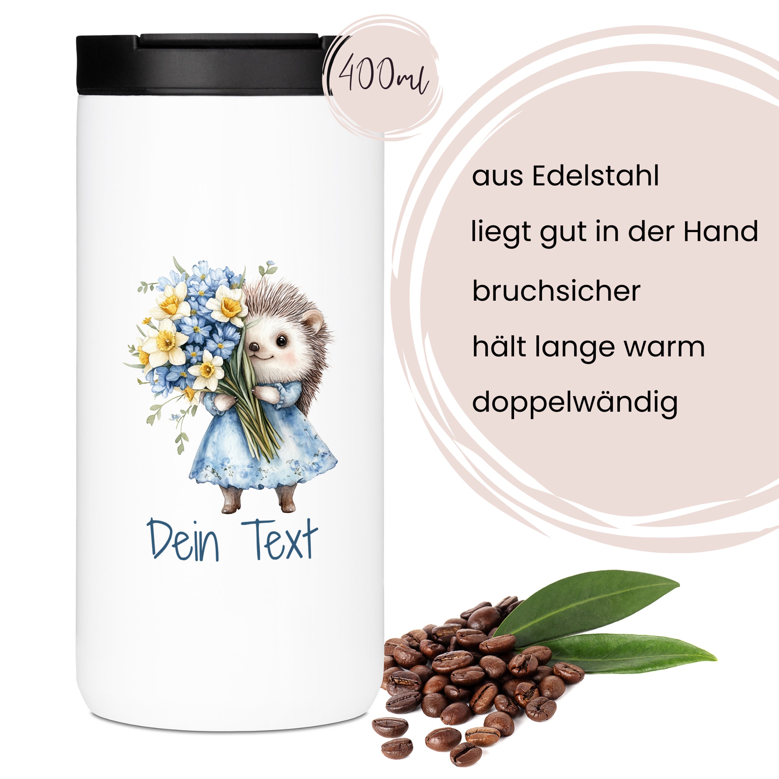 Edelstahlbecher mit Igel-Motiv, 400ml, doppelwandig, bruchsicher.