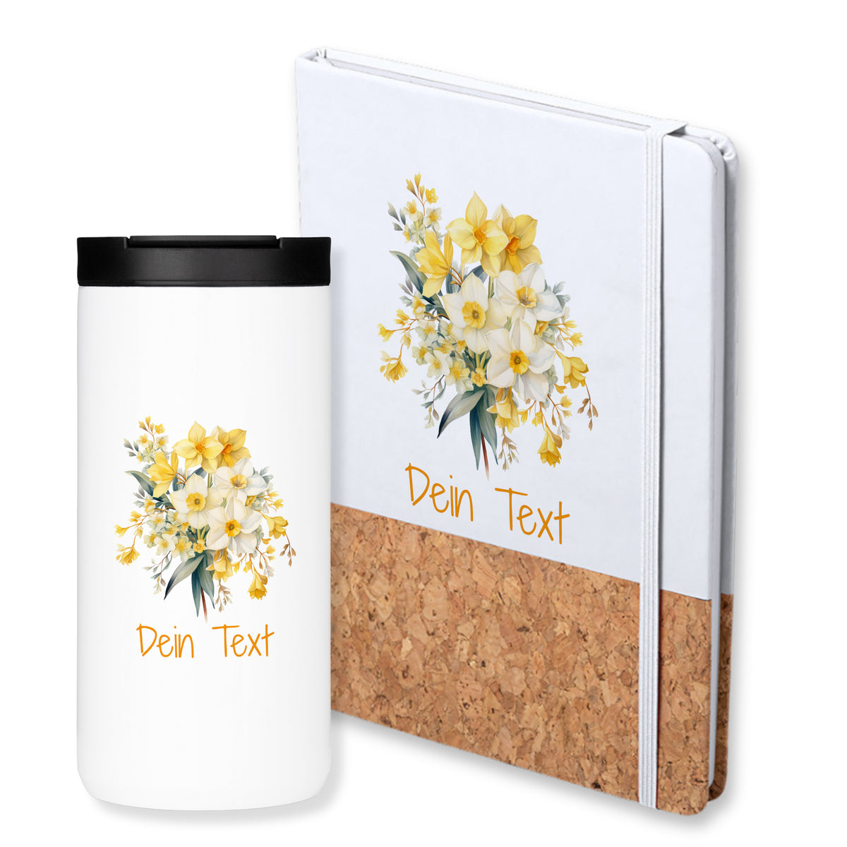 Weißer Becher mit gelben Blumen und Notizbuch mit Kork.
