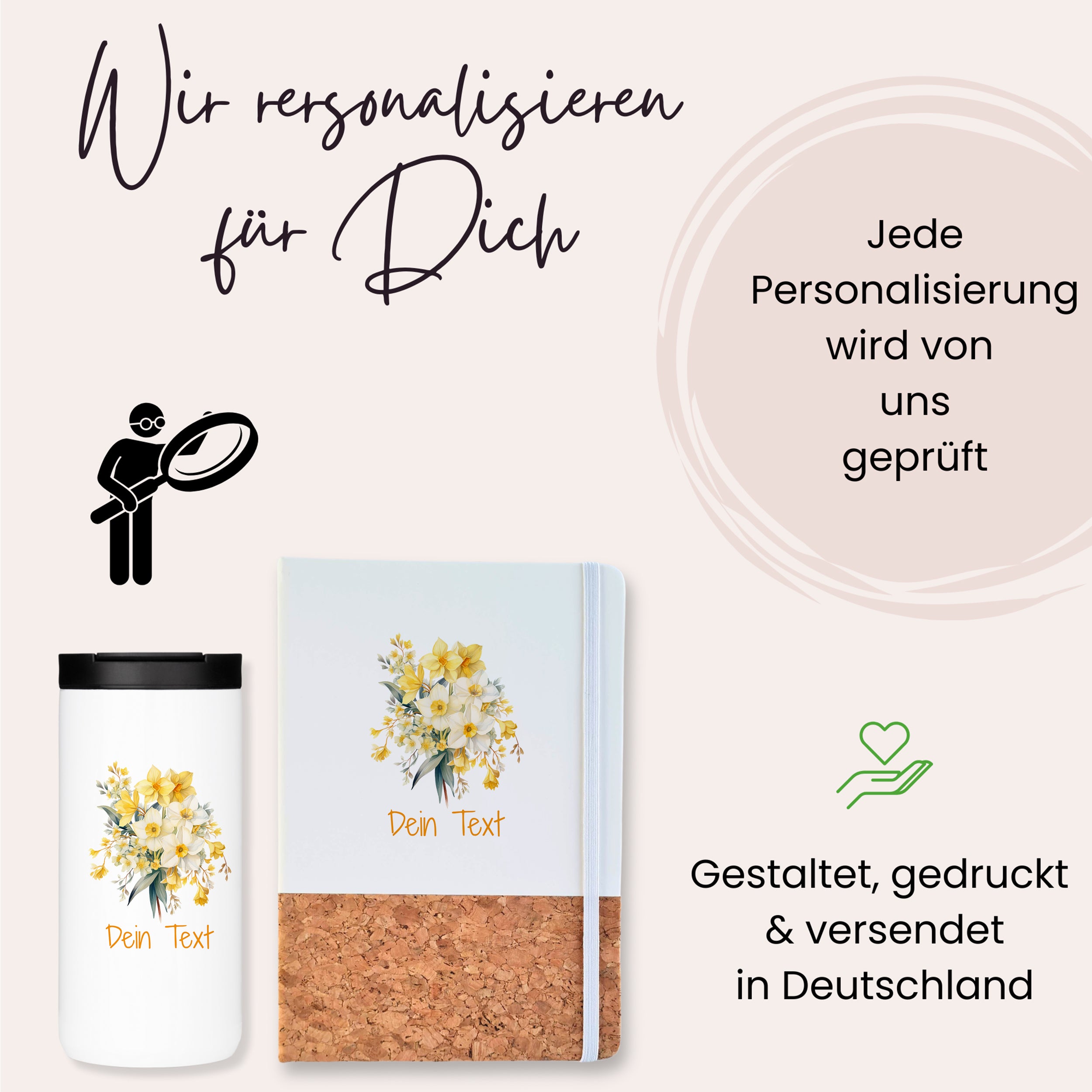 Personalisierte Tasse und Notizbuch mit Blumenmotiv.