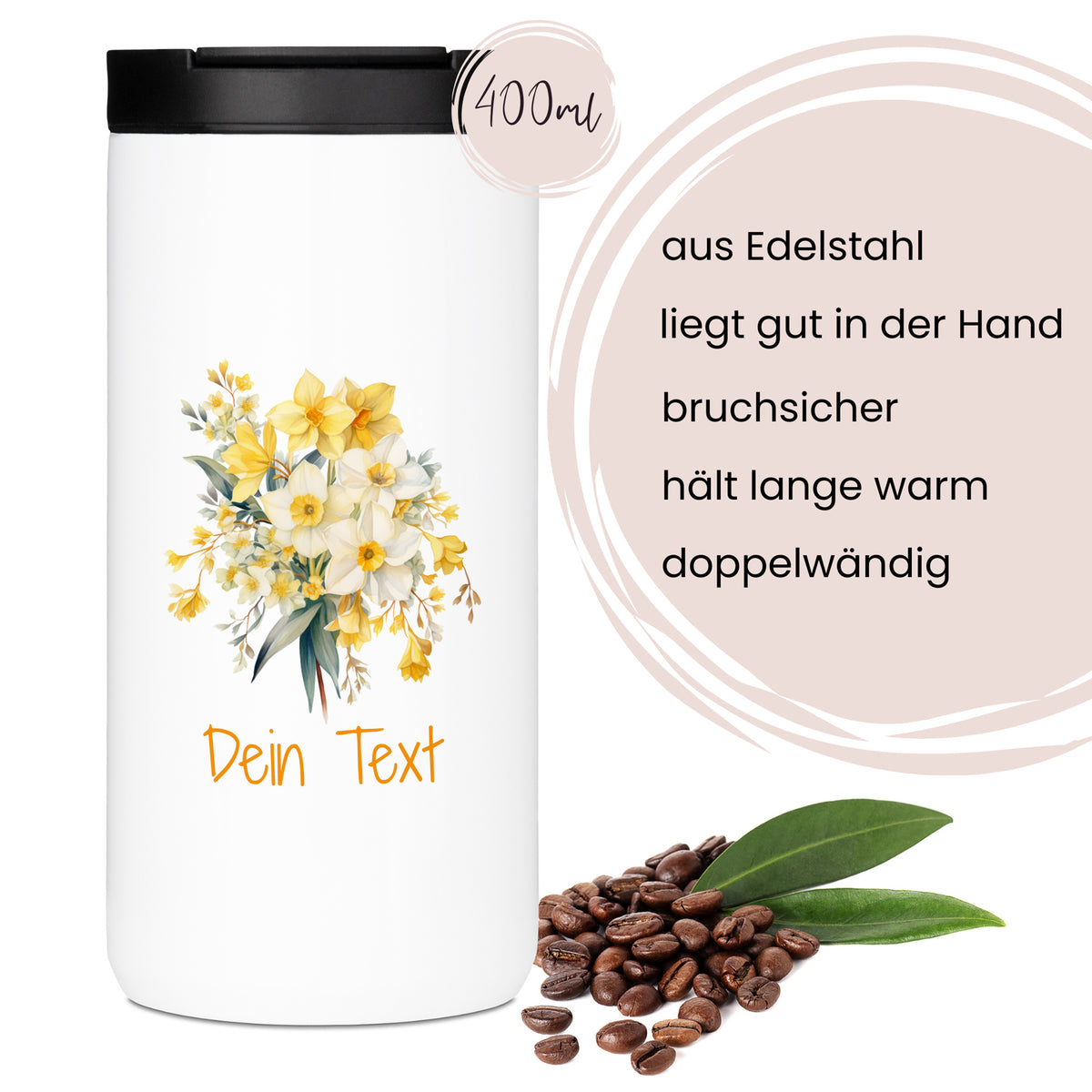 Edelstahlbecher mit Blumenmotiv, 400ml, doppelwandig.