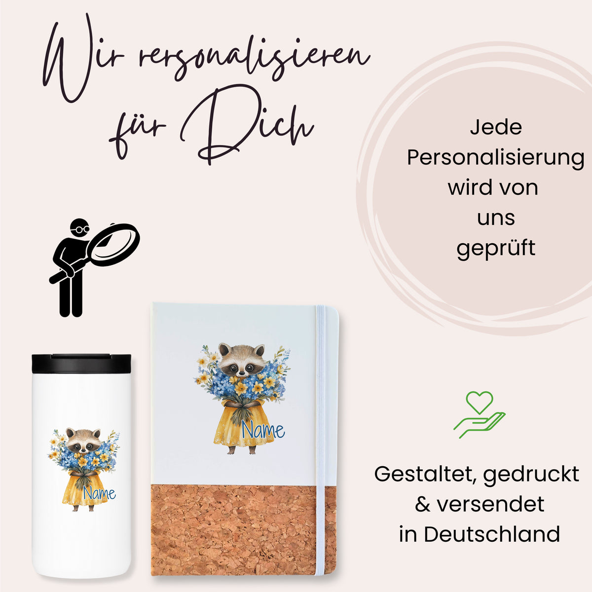 Personalisierte Tasse und Notizbuch mit Waschbär-Design.