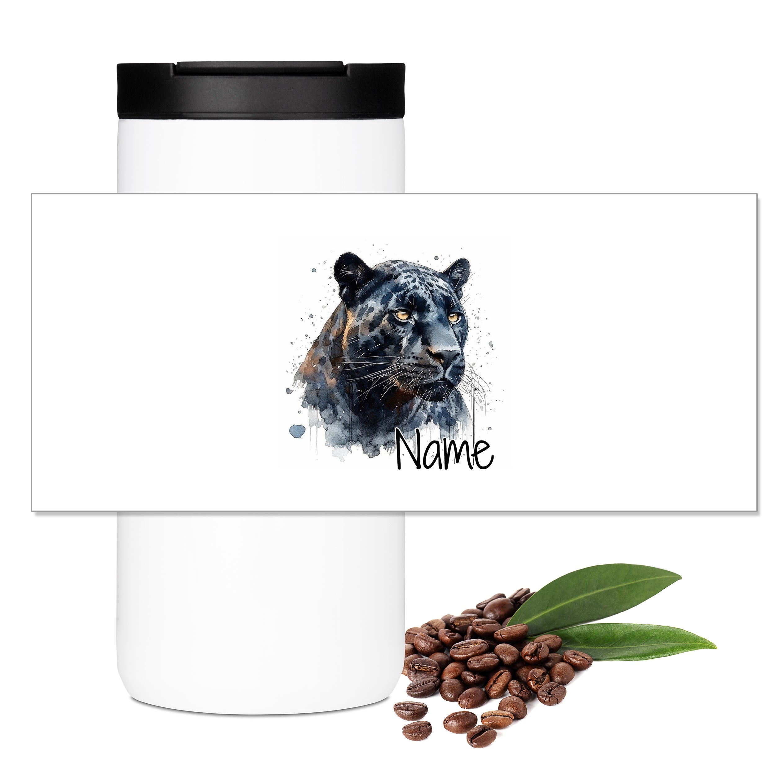 Weißer Becher mit schwarzem Panther und personalisierbarem Namen.