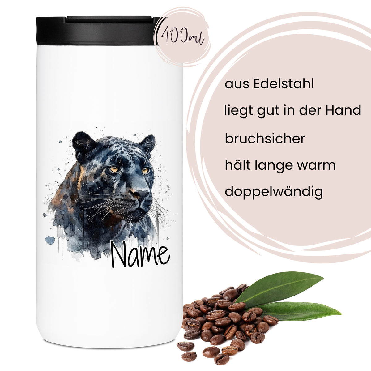 Edelstahl-Thermobecher mit schwarzem Panther-Motiv, 400 ml.