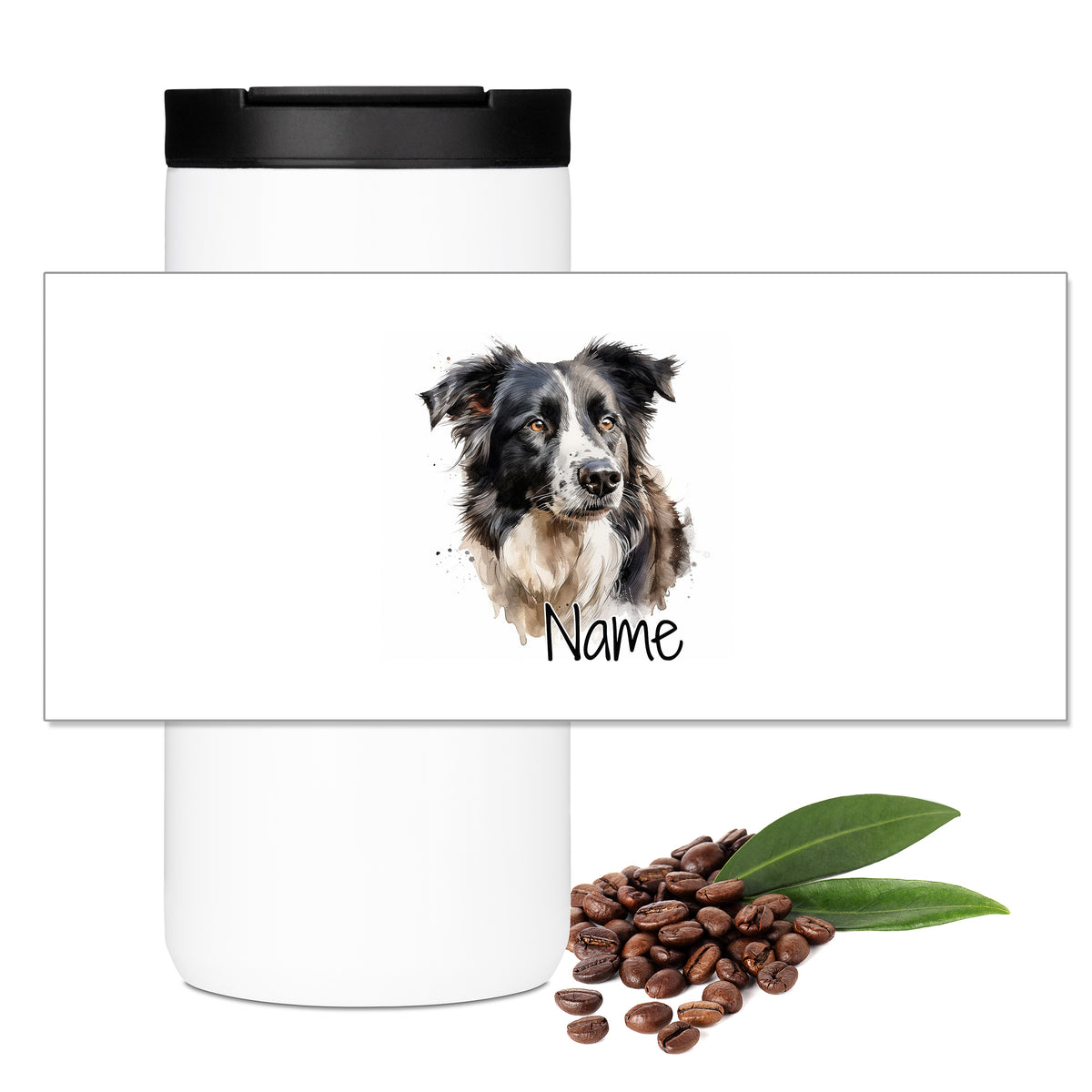 Weißer Kaffeebecher mit Border Collie-Motiv und personalisierbarem Namen.