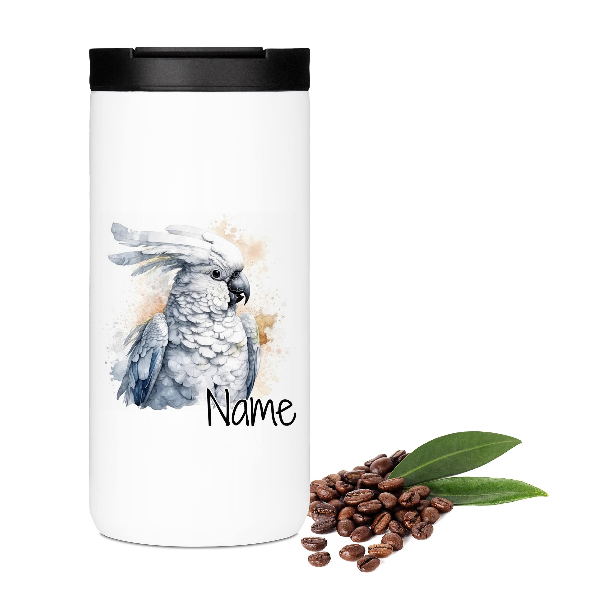 Weißer Kaffeebecher mit Kakadu-Motiv und personalisierbarem Namen.