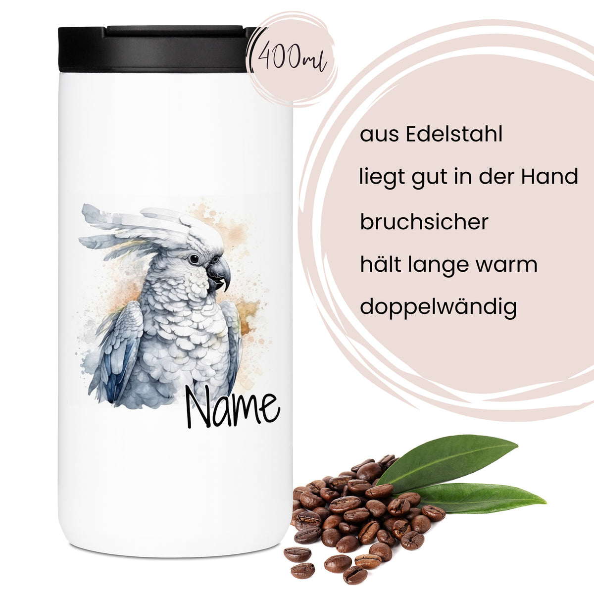 Edelstahlbecher mit Kakadu-Motiv, 400 ml, doppelwandig.