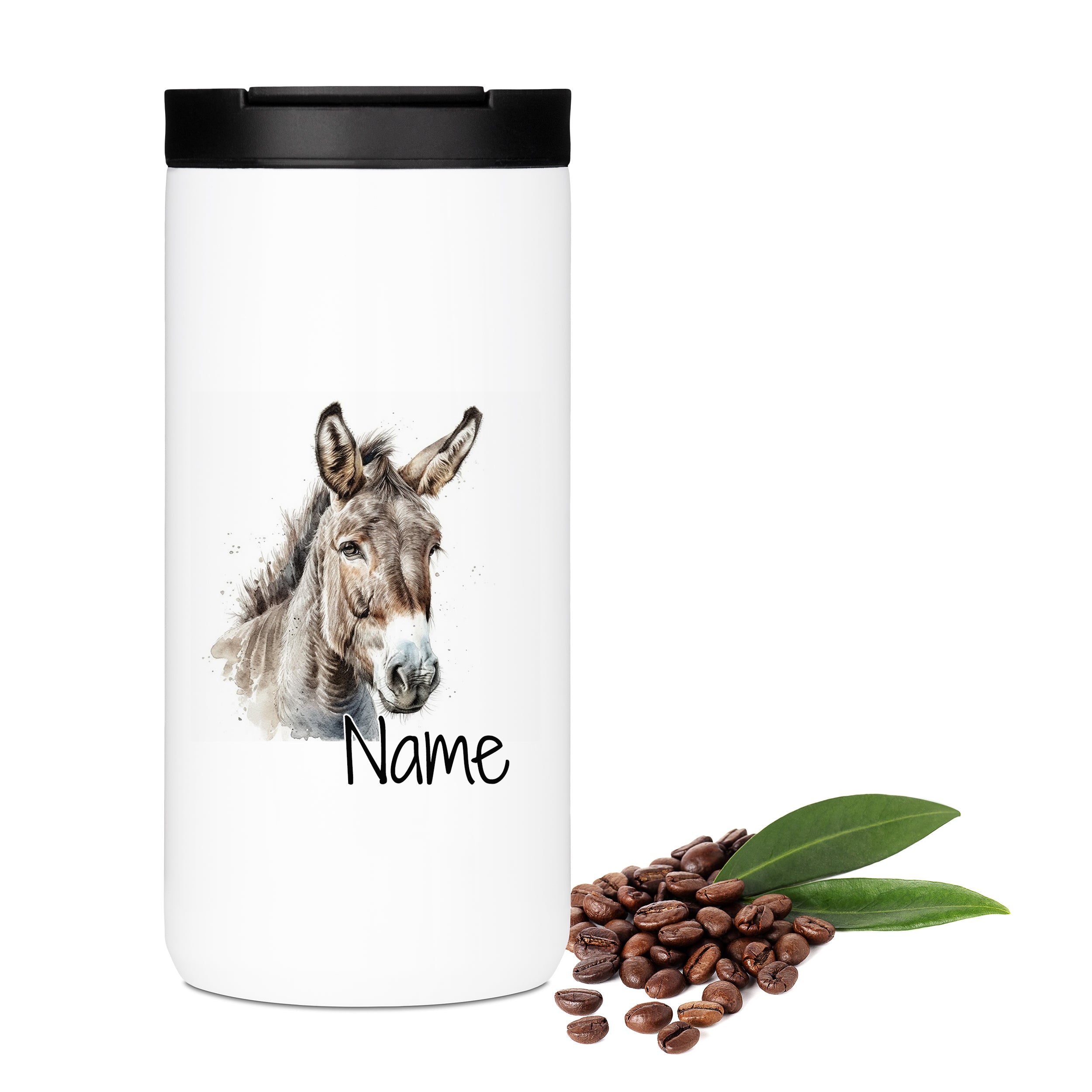 Weißer Kaffeebecher mit Esel-Motiv und personalisierbarem Namen.