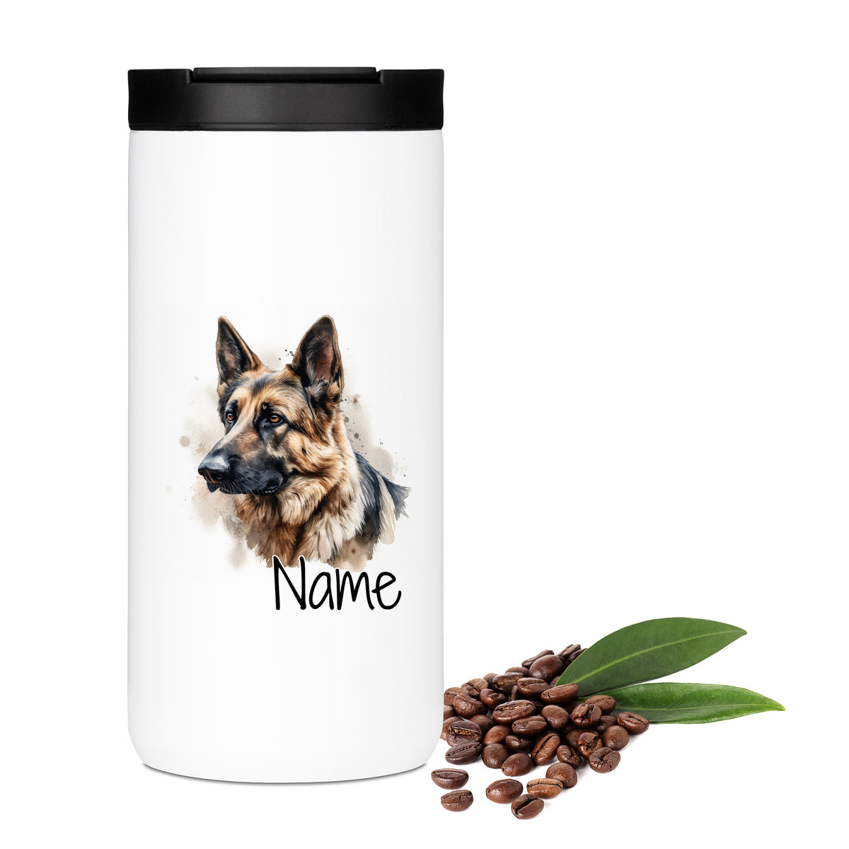 Weißer Kaffeebecher mit Schäferhund-Motiv und personalisierbarem Namen.