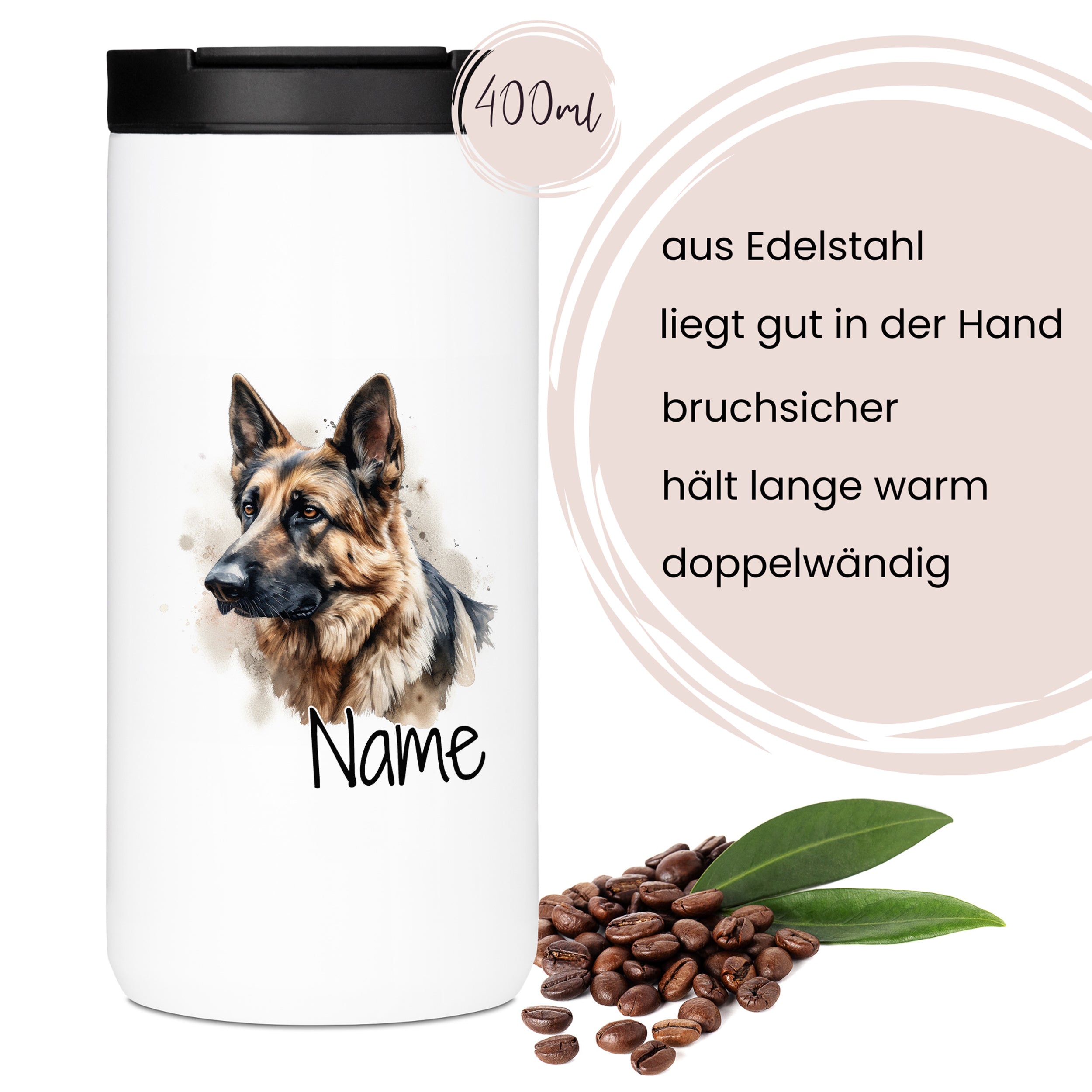 Edelstahl-Thermobecher mit Schäferhund-Motiv, 400ml.