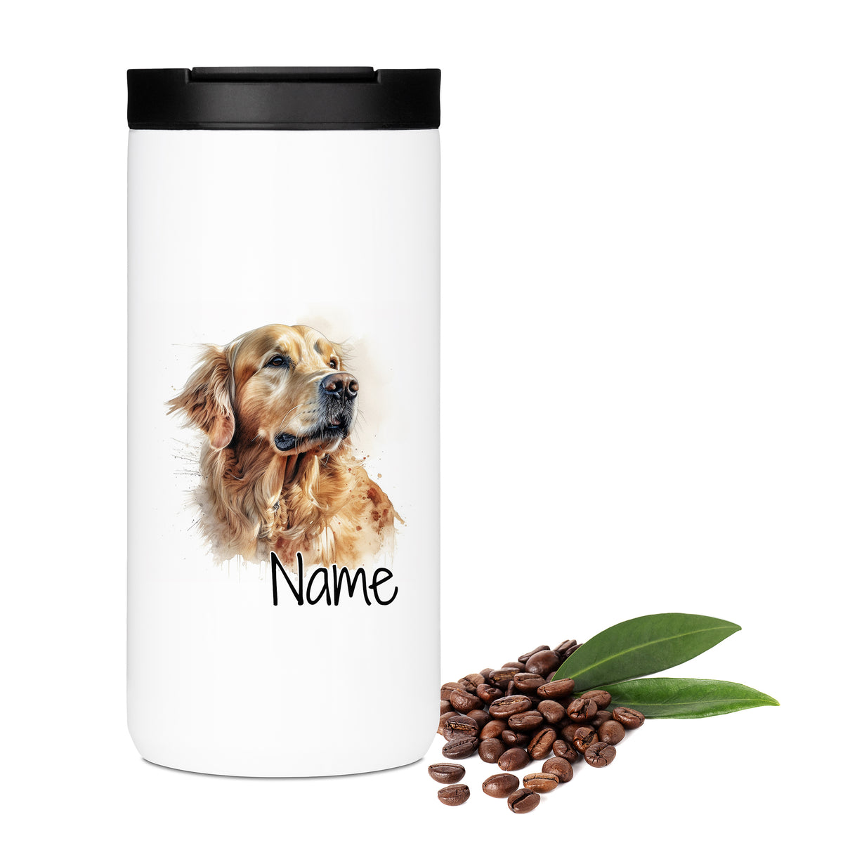 Weißer Kaffeebecher mit Golden Retriever und Name.