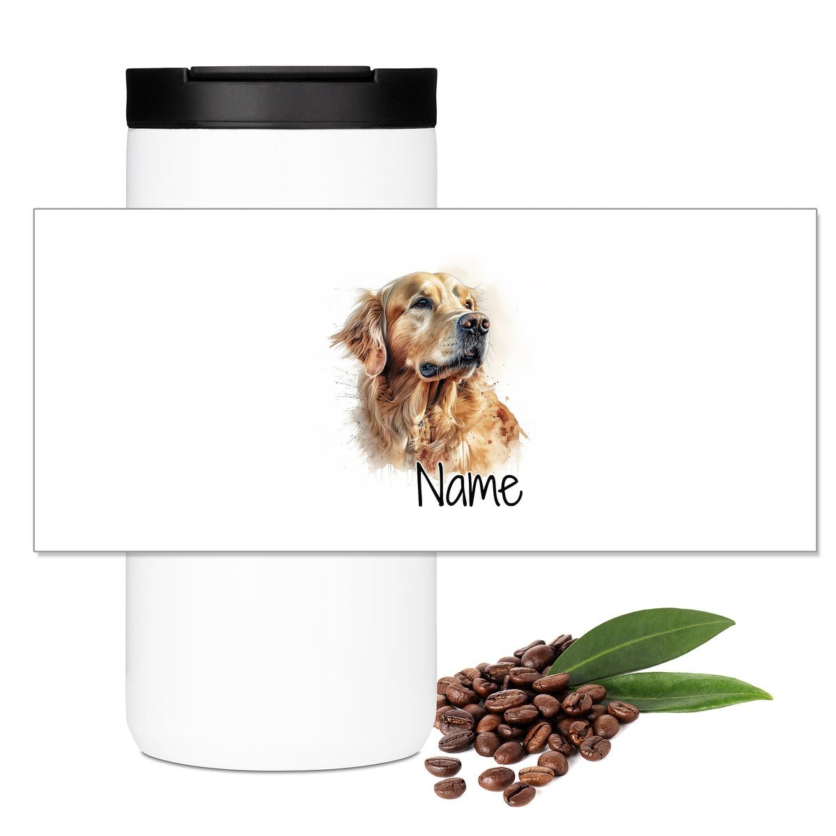 Weißer Kaffeebecher mit goldenem Retriver und personalisierbarem Namen.