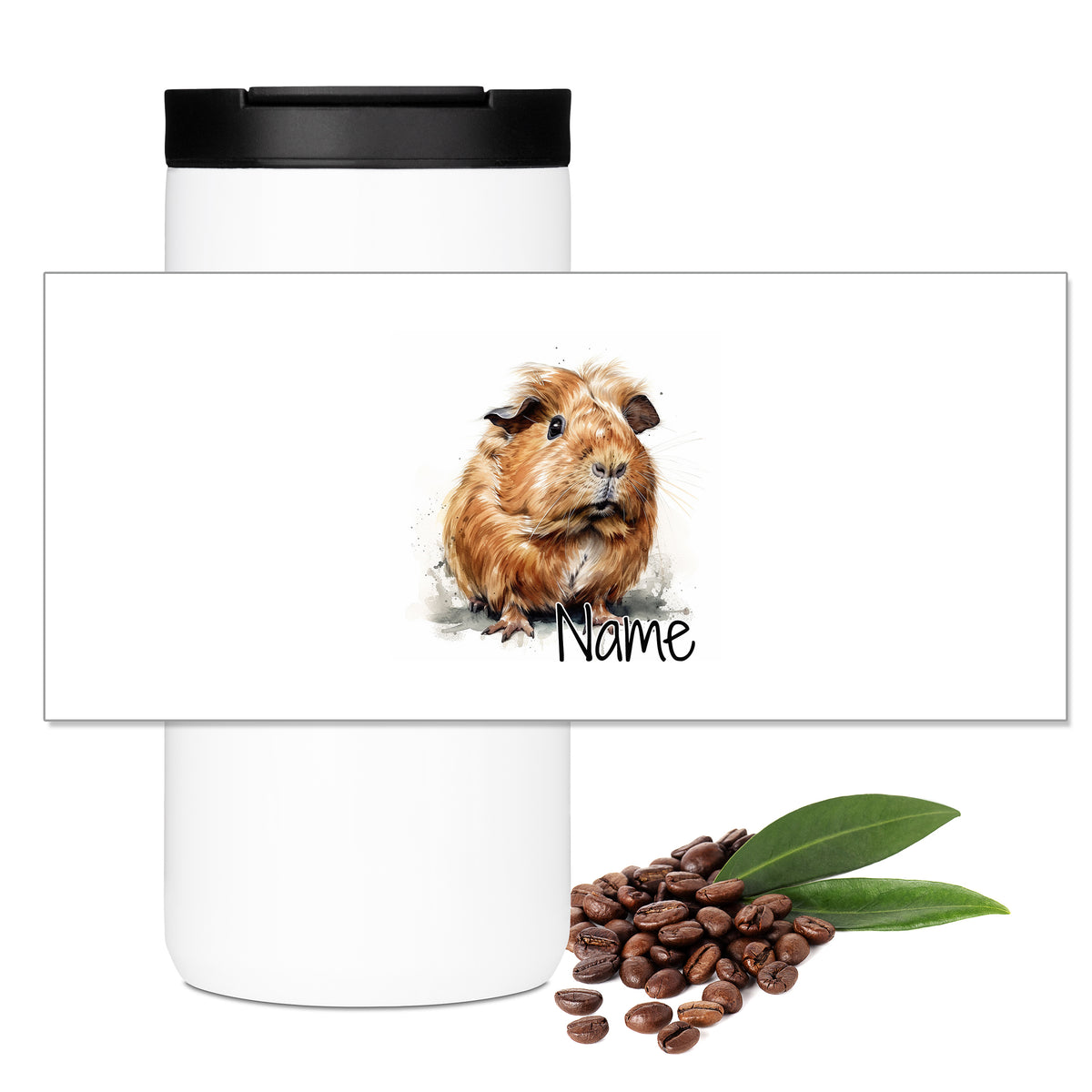 Weißer Kaffeebecher mit Meerschweinchen-Motiv und personalisierbarem Namen.