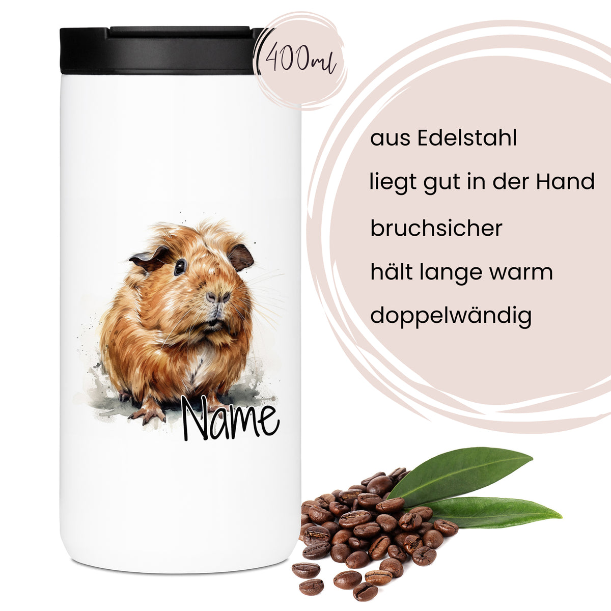 Edelstahlbecher mit Meerschweinchen-Motiv, 400ml, doppelwandig.