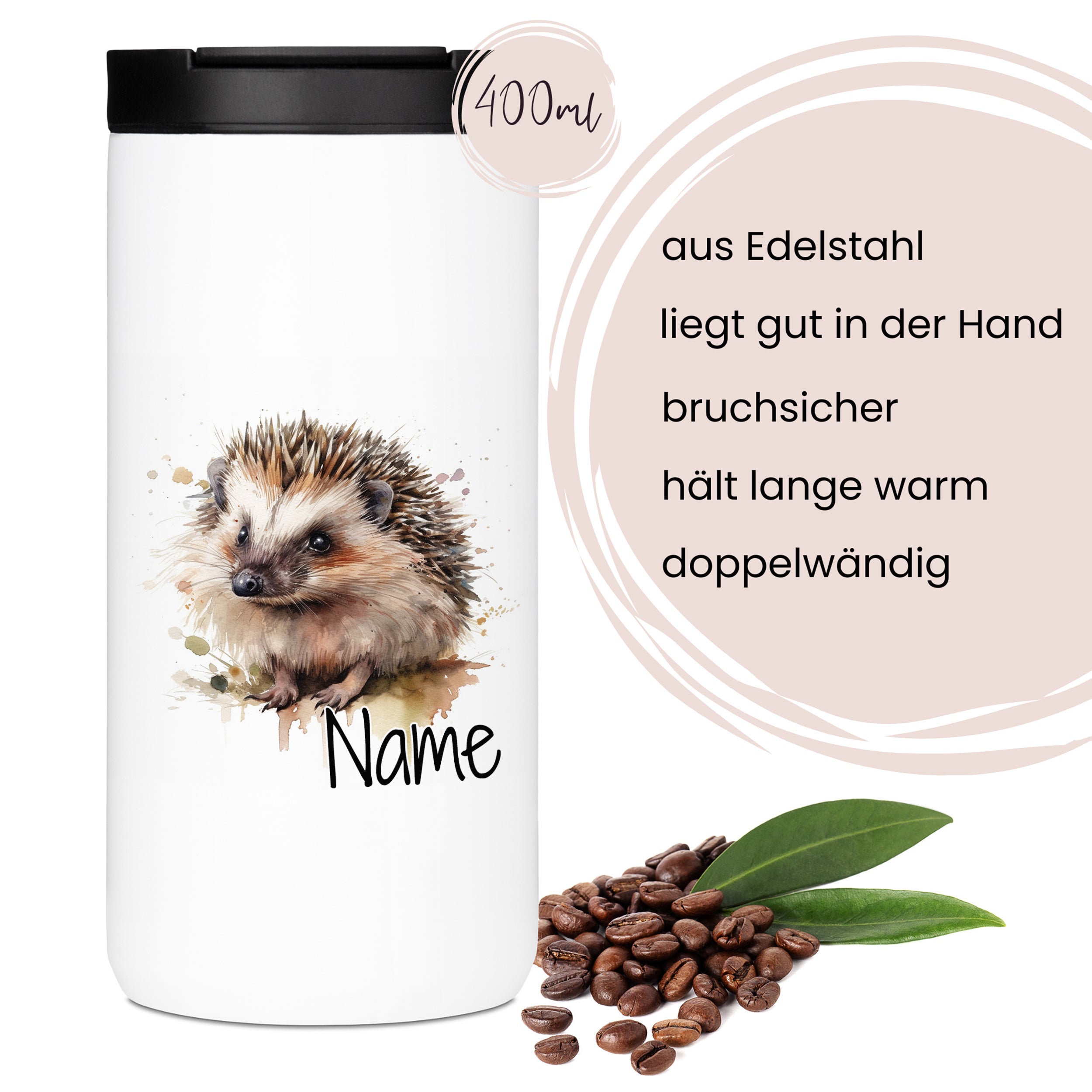 Edelstahl-Thermobecher mit Igel-Motiv, 400ml, bruchsicher.