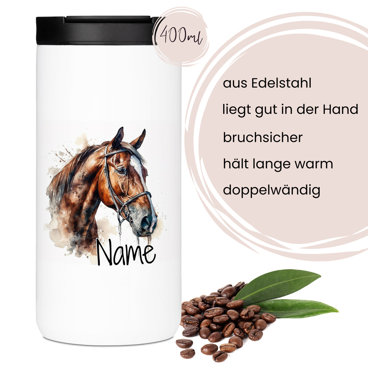 Edelstahl-Thermobecher mit Pferdemotiv, 400ml, doppelwandig.