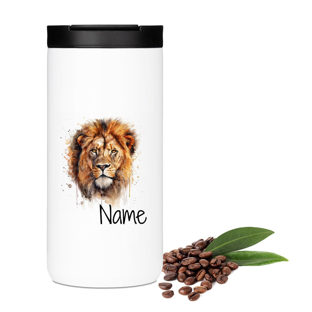 Weißer Becher mit Löwenmotiv und personalisierbarem Namen.
