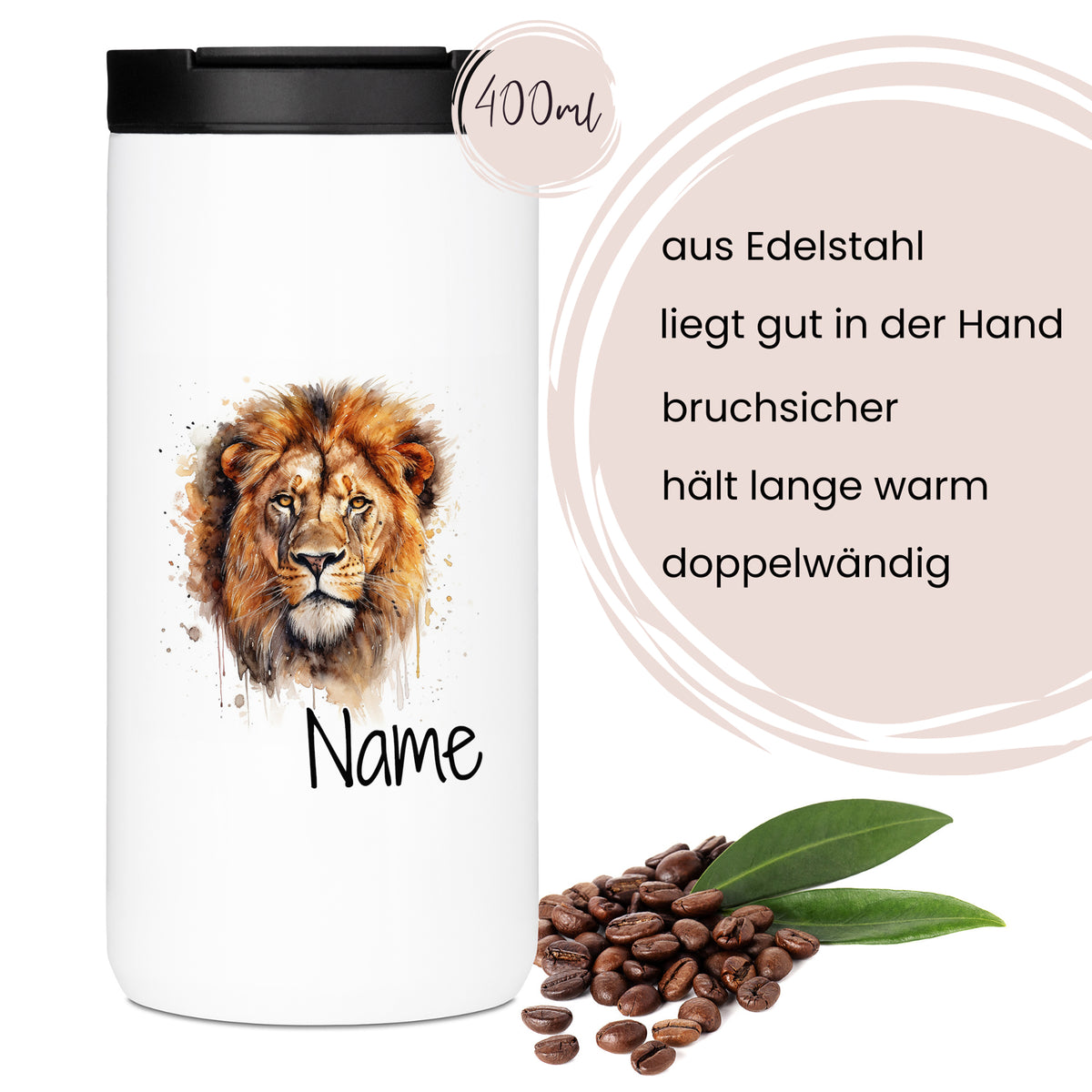 Edelstahlbecher mit Löwenmotiv, 400 ml, doppelwandig.