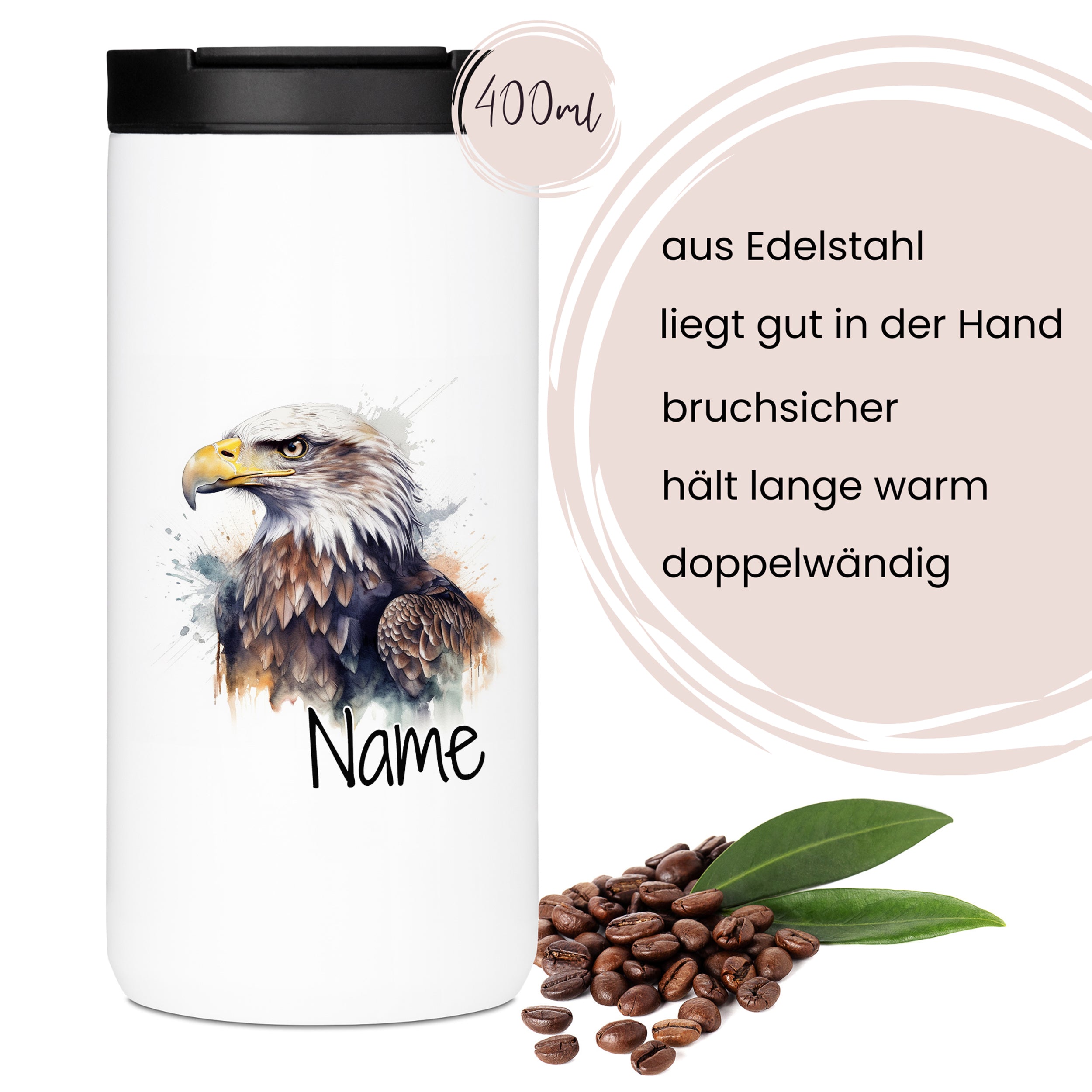 Edelstahlbecher mit Adler-Motiv, 400 ml, doppelwandig.