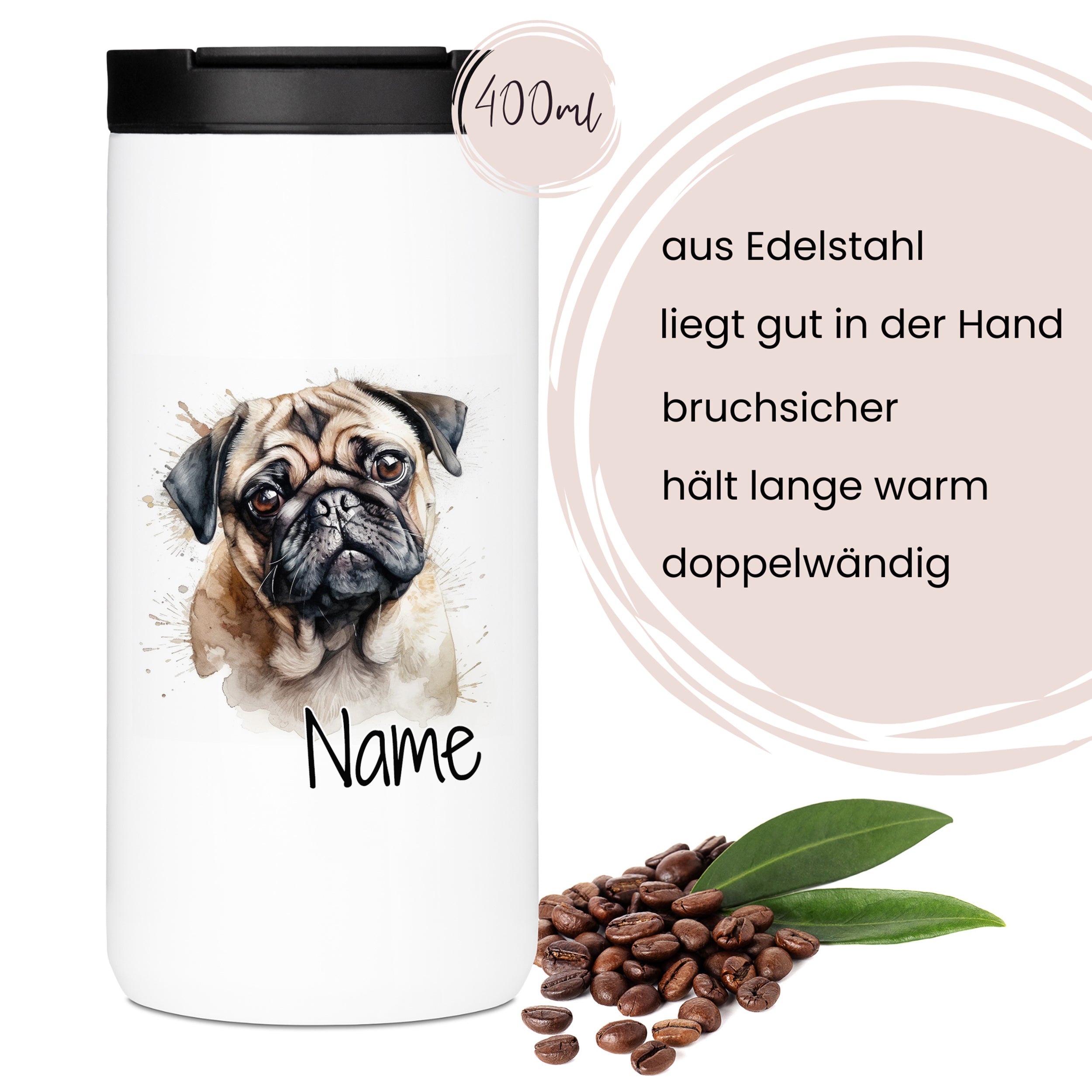 Edelstahl-Thermobecher mit Mops-Motiv, 400ml, bruchsicher.