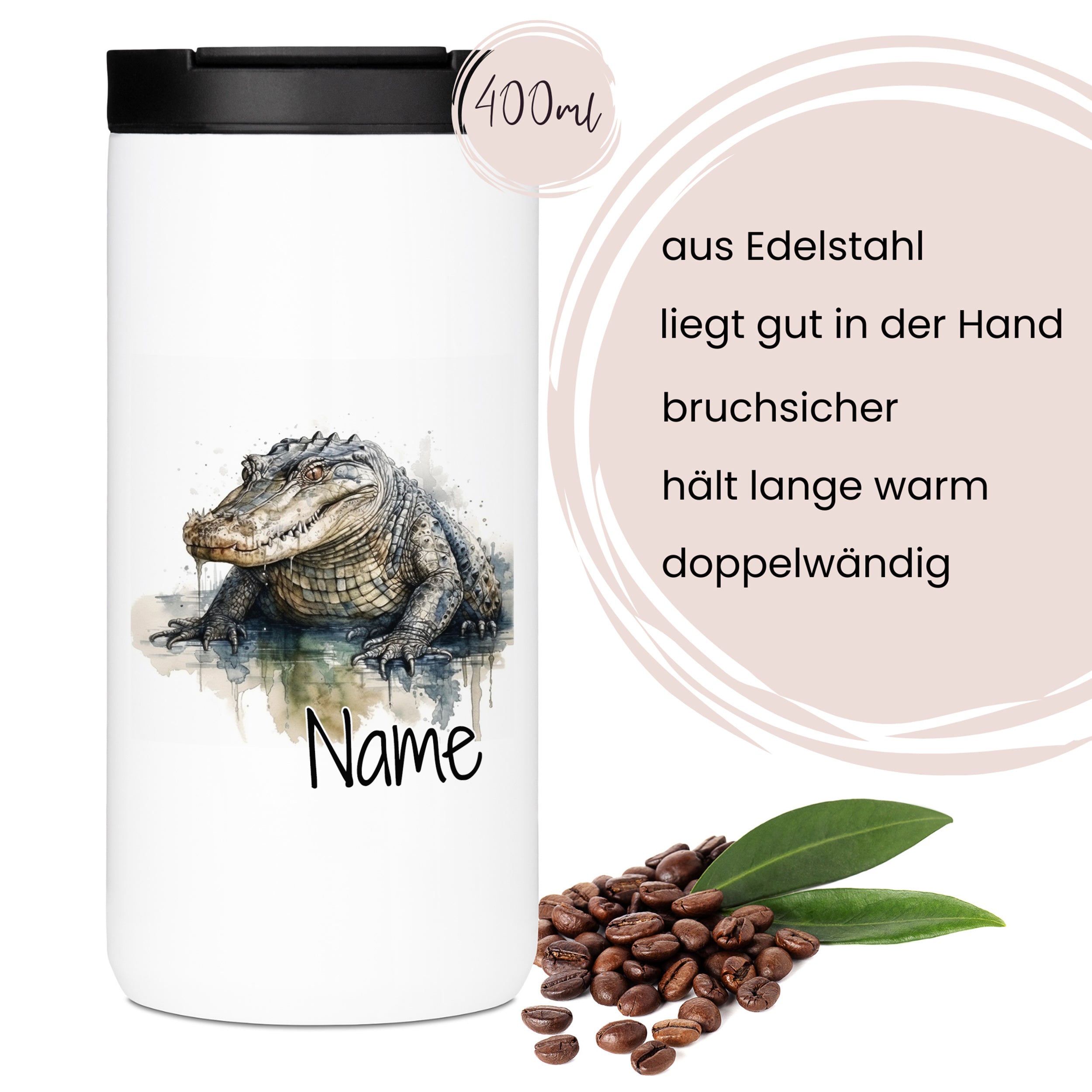 Edelstahlbecher mit Alligator-Motiv, 400 ml, bruchsicher.