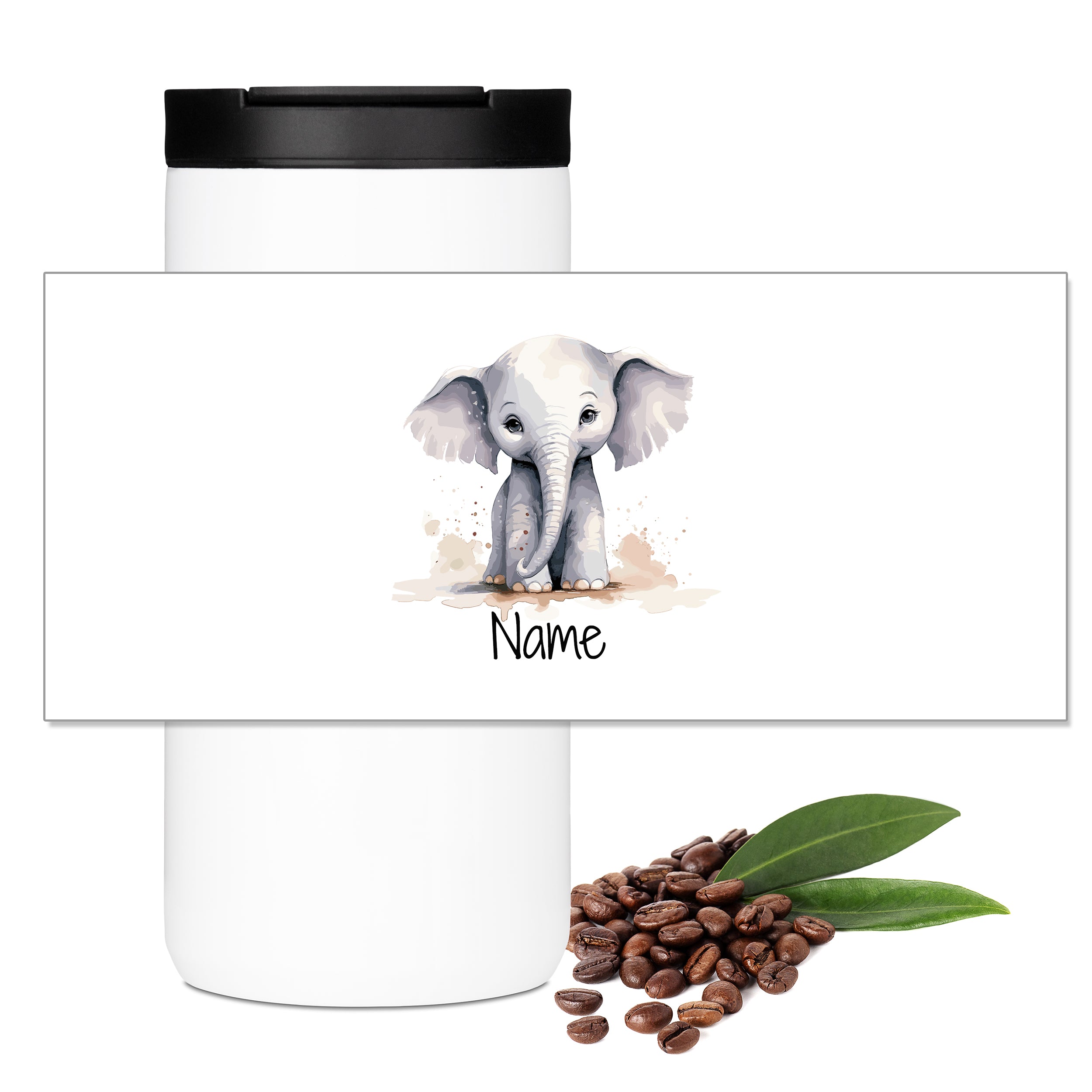 Weißer Kaffeebecher mit Elefantenmotiv und personalisierbarem Namen.