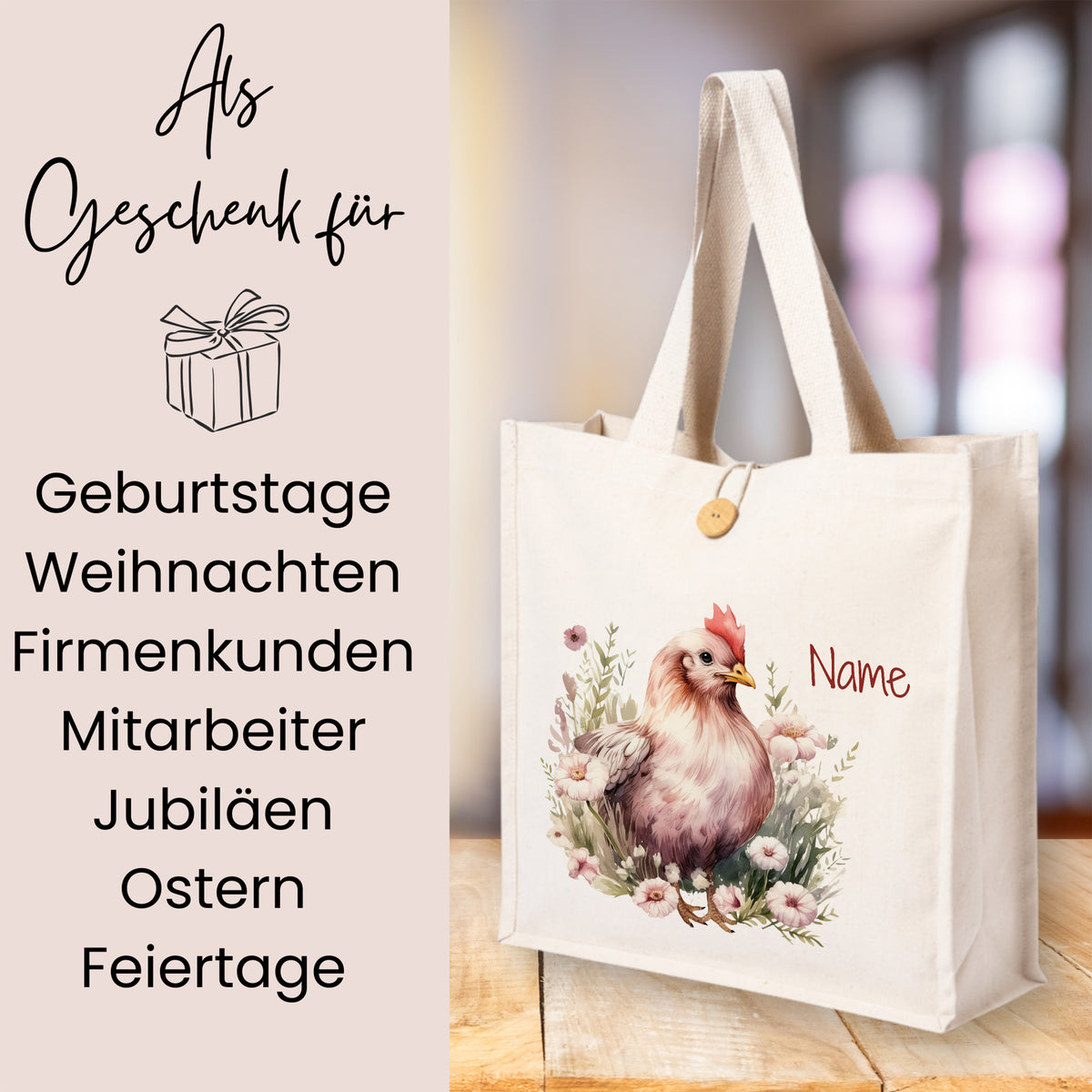 Beige Tragetasche mit Huhn-Motiv und personalisierbarem Namen.