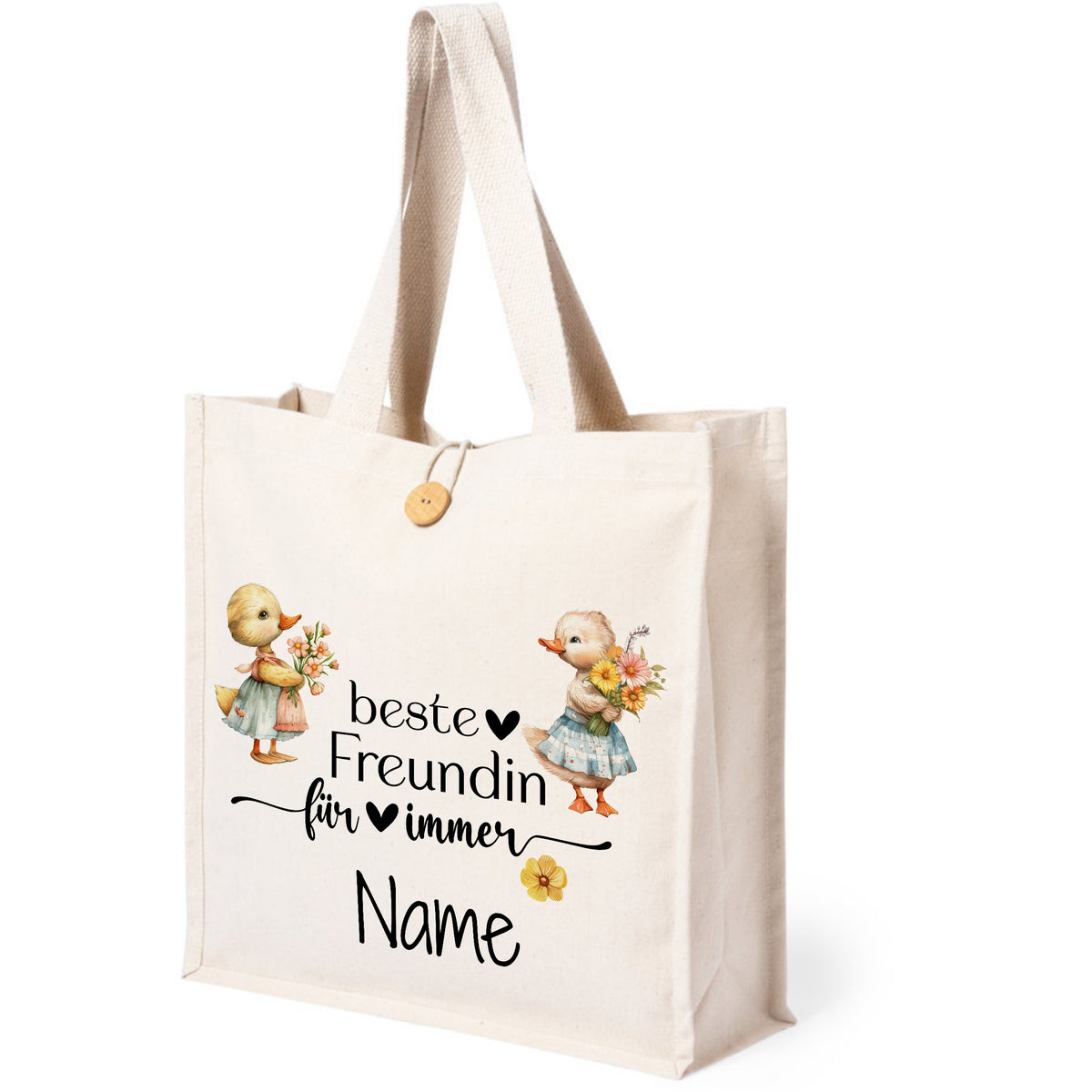 Beige Stofftasche mit Entenmotiven und personalisierbarem Text.