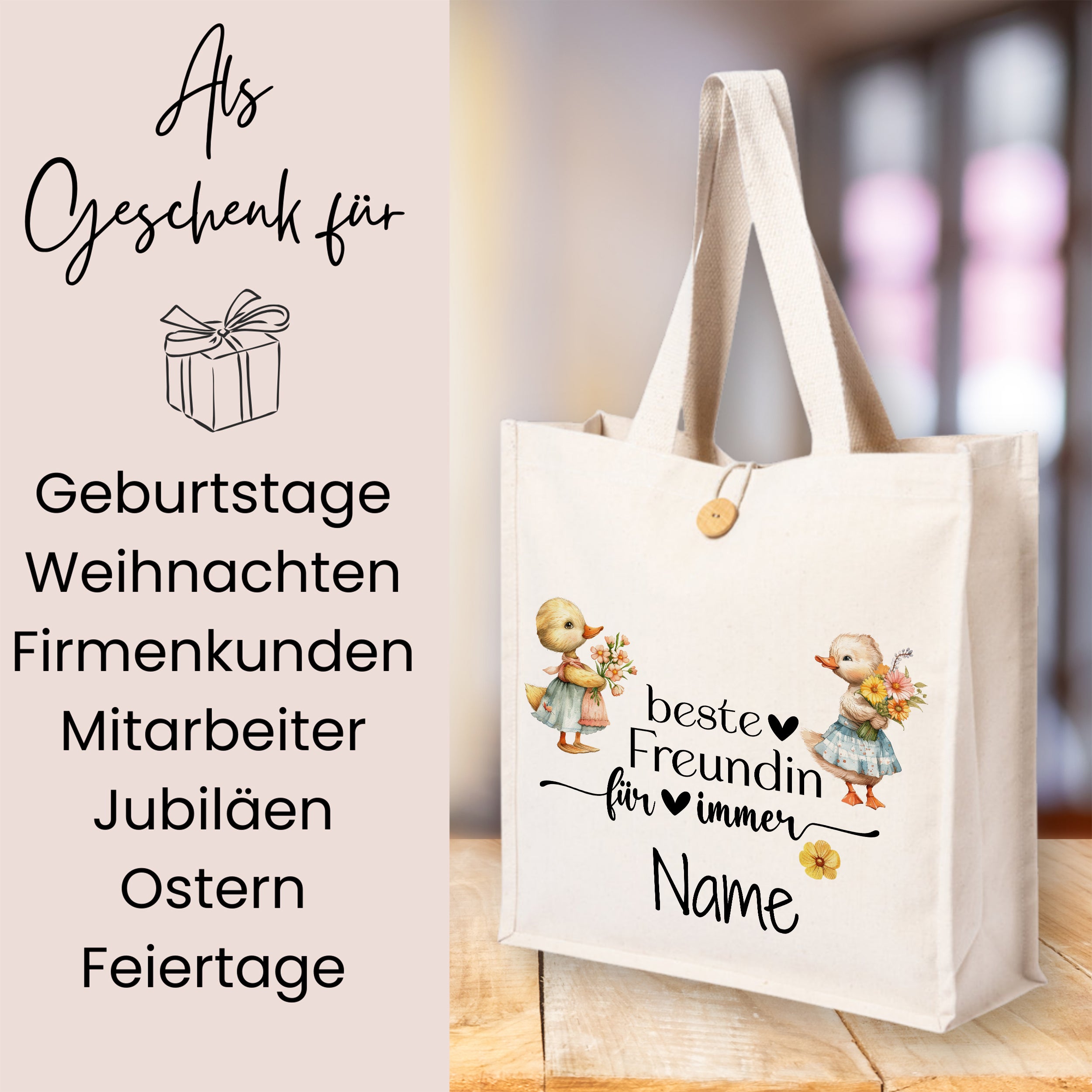 Beige Stofftasche mit personalisierbarem Text und Illustrationen.