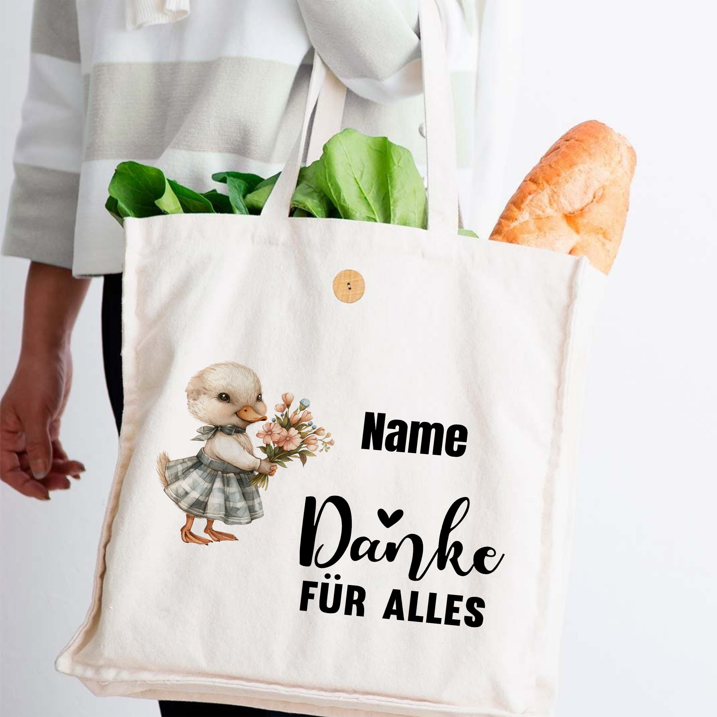 Beige Baumwolltasche mit Entenkind, Blumen und "Danke für alles".