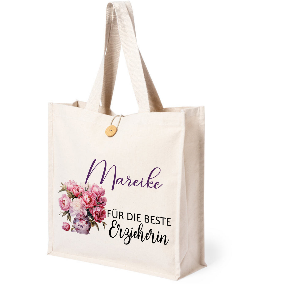 Beige Baumwolltasche mit floralem Motiv und personalisiertem Text.