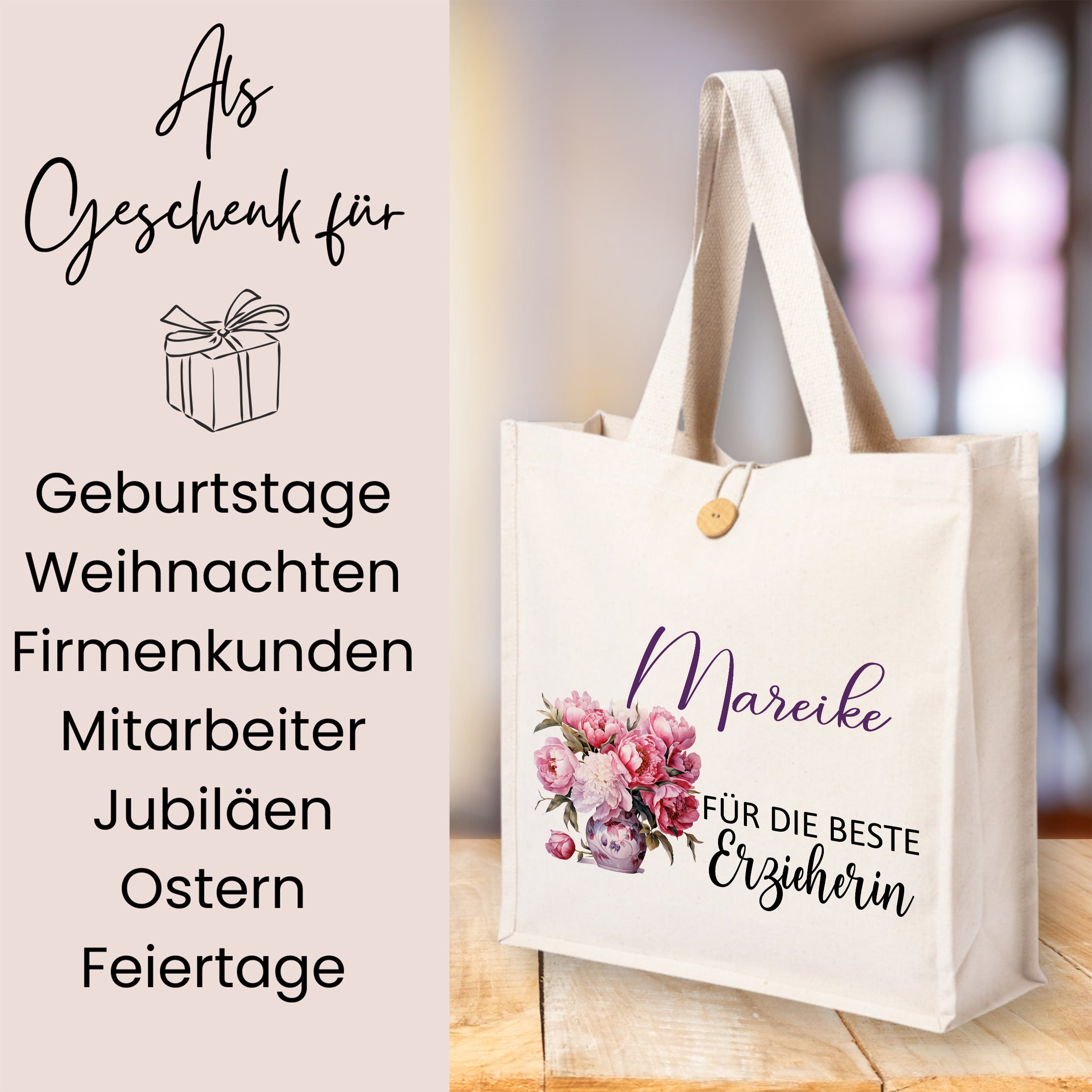 Beige Stofftasche mit Blumenmotiv und personalisiertem Text.