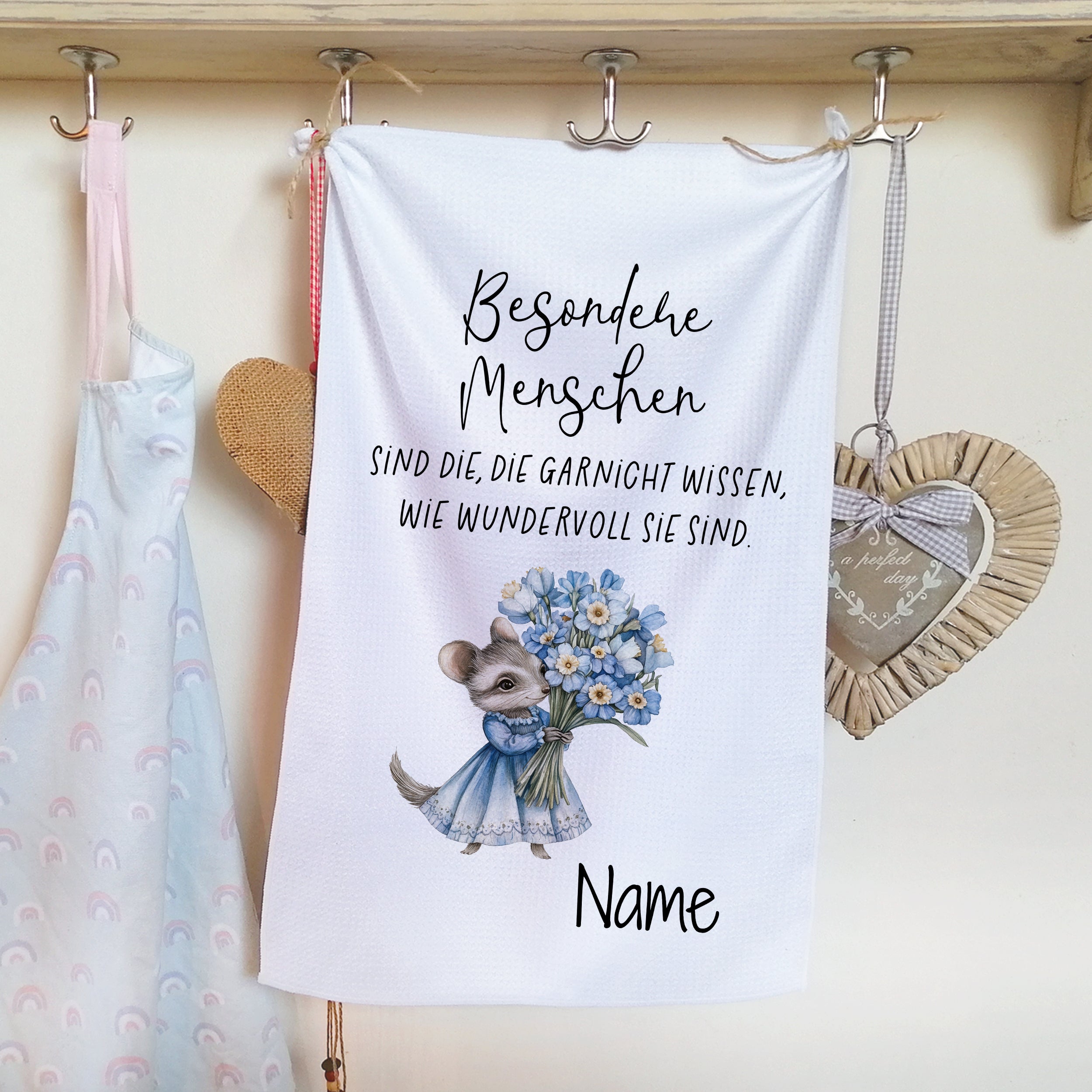 Geschirrtuch mit Maus und Blumen mit Spruch