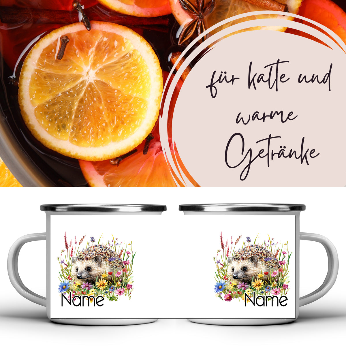 Emaille-Tasse mit Igel-Motiv und bunten Blumen.
